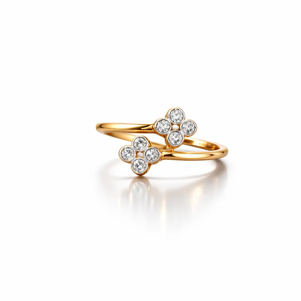 Namivaa 18ct Gold Cubic Zirconia Double Flower Open Ring Women Elegant Minimal Floral Design Wedding Party Daily Wear Fine