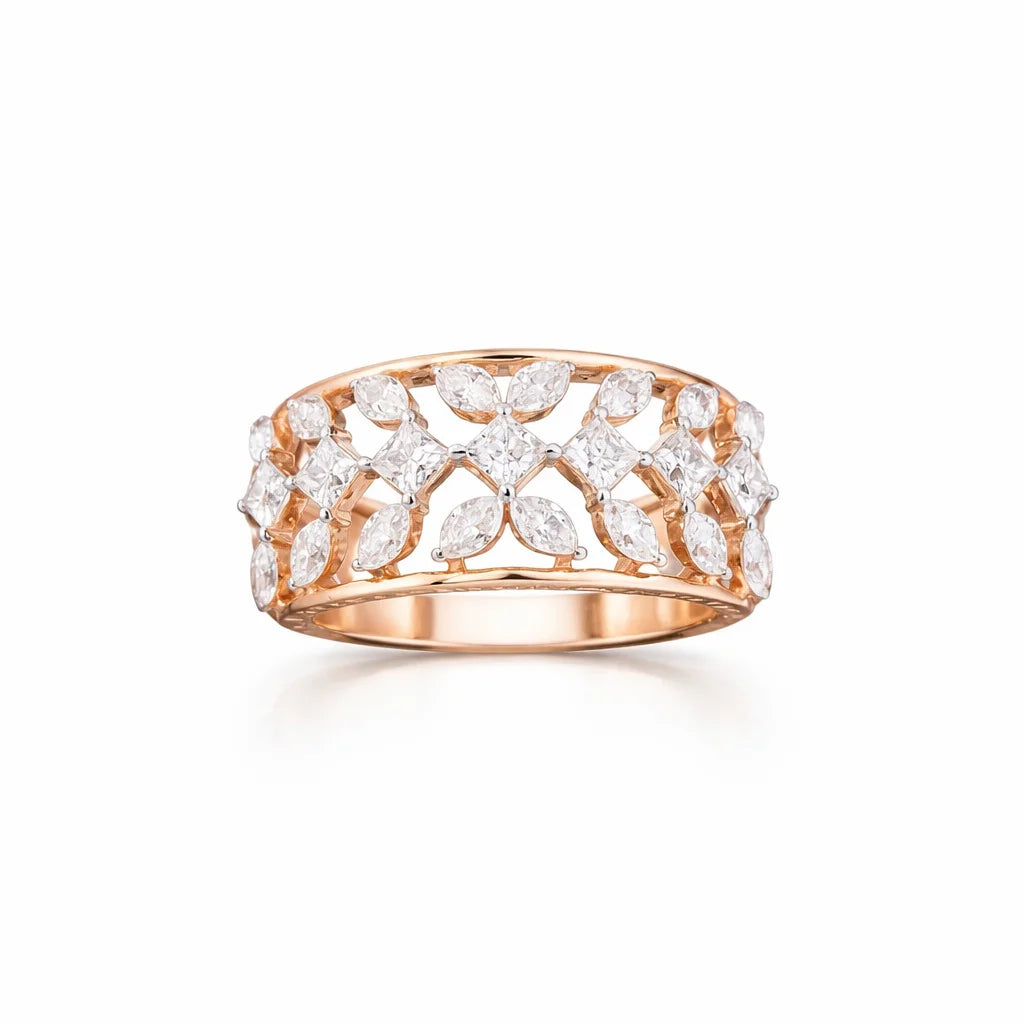 Namivaa 18K Rose Gold Diamond Floral Filigree Wide Band Ring Women Wedding Anniversary Party Luxury Statement Jewelry Gift
