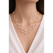 Fashion 18K Rose Gold Dewdrop Double Strand White Pearl Statement Necklace Women Minimalist Link Chain Jewelry