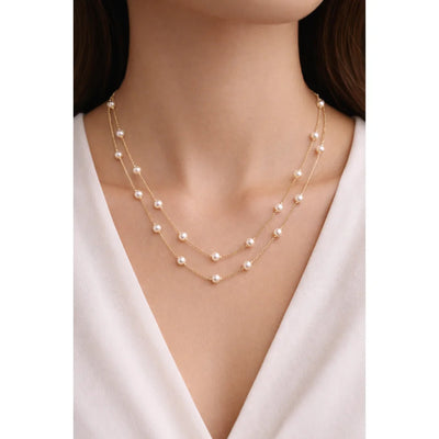 Fashion 18K Rose Gold Dewdrop Double Strand White Pearl Statement Necklace Women Minimalist Link Chain Jewelry