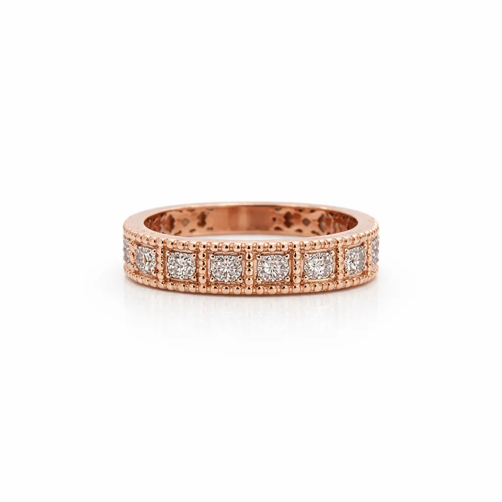 Namivaa 18K Rose Gold Diamond Eternity Band Ring Women Vintage Milgrain Square Setting Pave Daily Wear Gift High Polish Finish