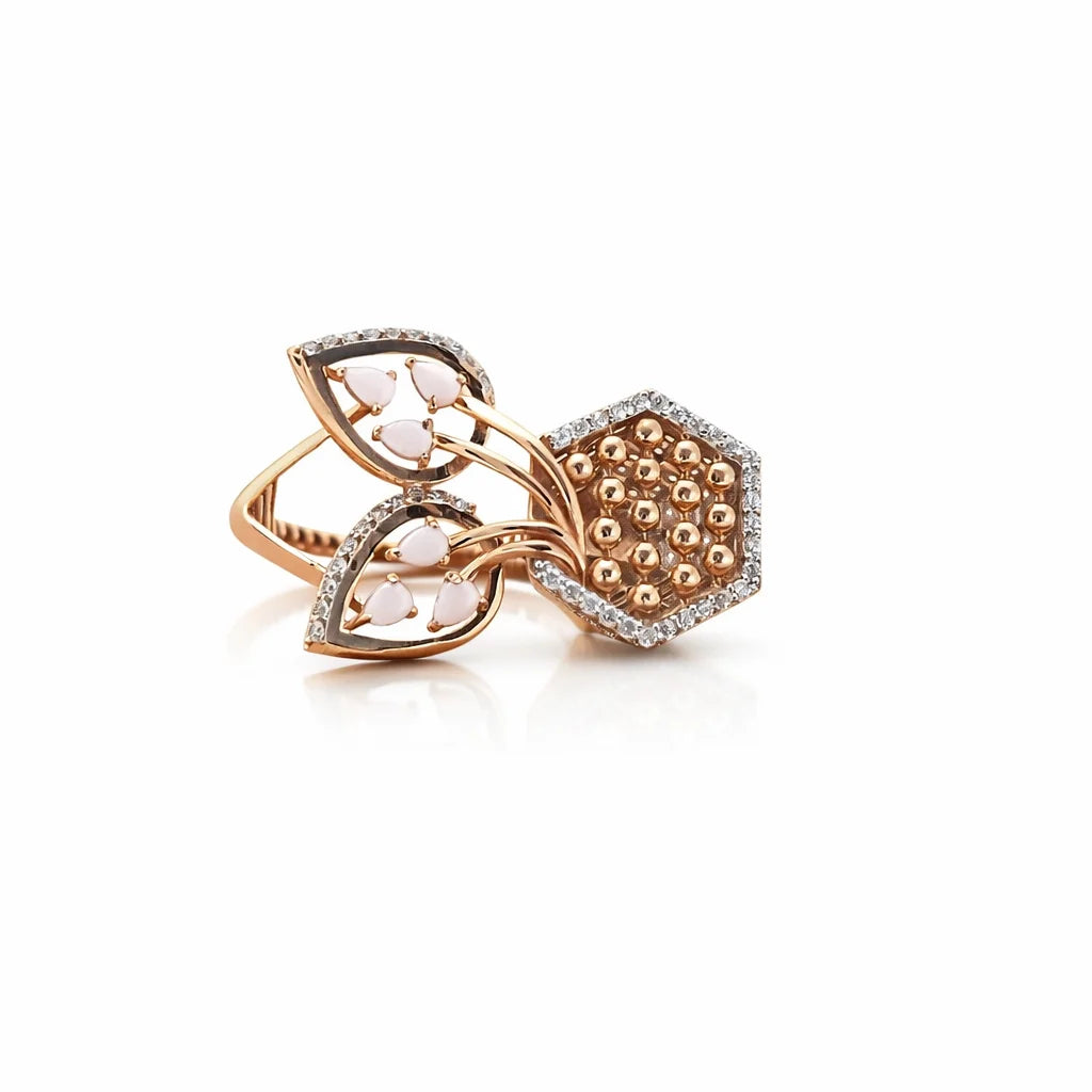 Namivaa 18K Rose Gold Diamond Leaf Floral Ring White Enamel Cluster Luxury Women Wedding Party High Polish Gift Design