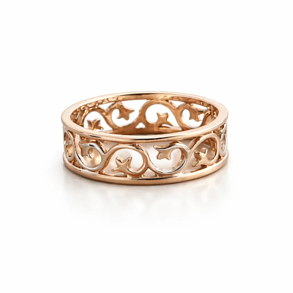 Namivaa 18K Rose Gold Filigree Floral Band Ring Hollow Carved Vintage Style Minimalist Women Wedding Party Daily Wear