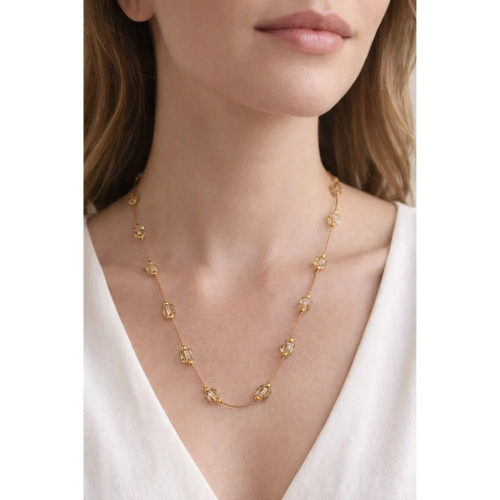 Fashion 18K Rose Gold Crystal Bloom Station Necklace Women Dainty White Floral Bead Link Chain Elegant Jewelry Gift