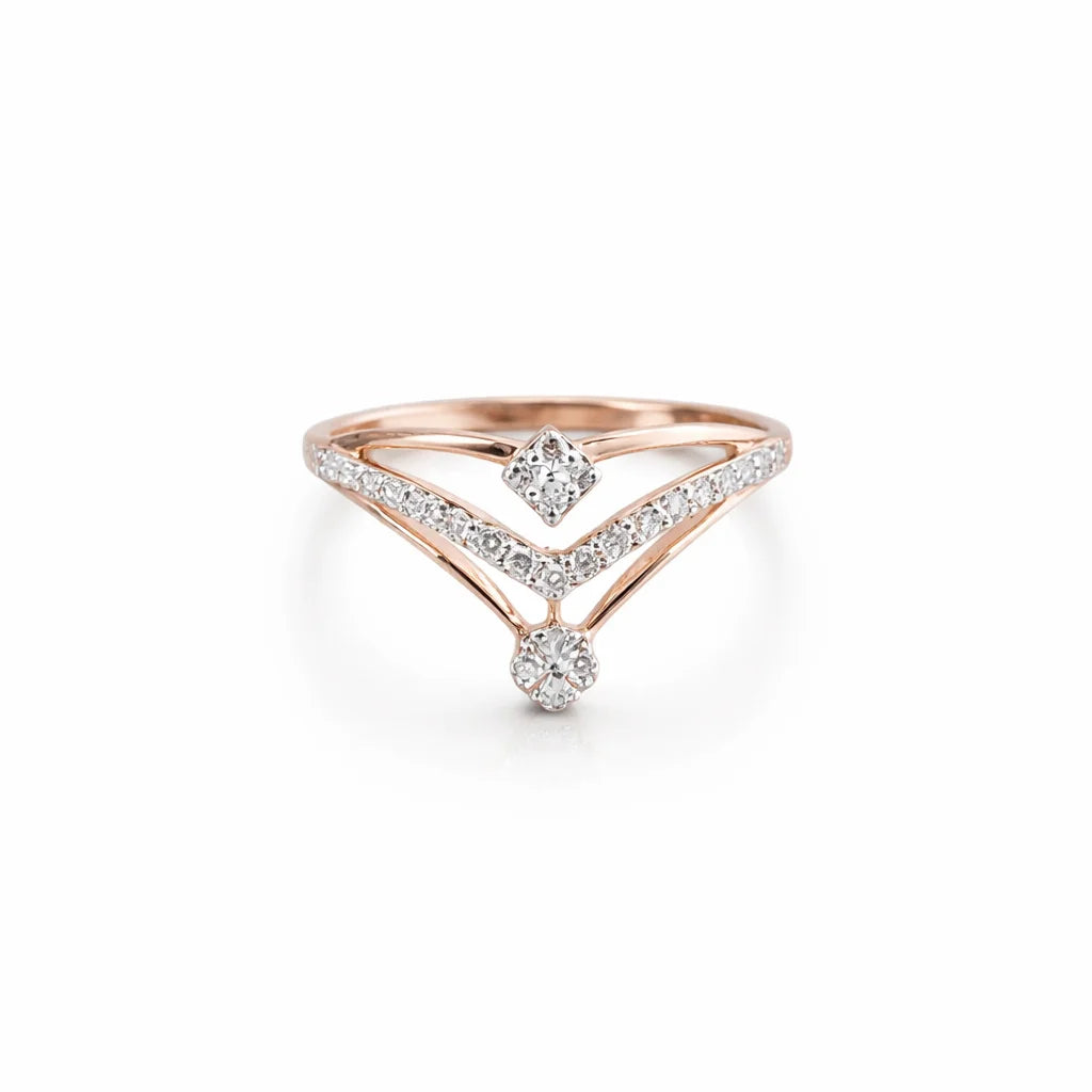 Namivaa 18K Rose Gold Diamond Double V Chevron Cocktail Ring Women Geometric Layered Pave Band Fine Jewelry Daily Wear Gift