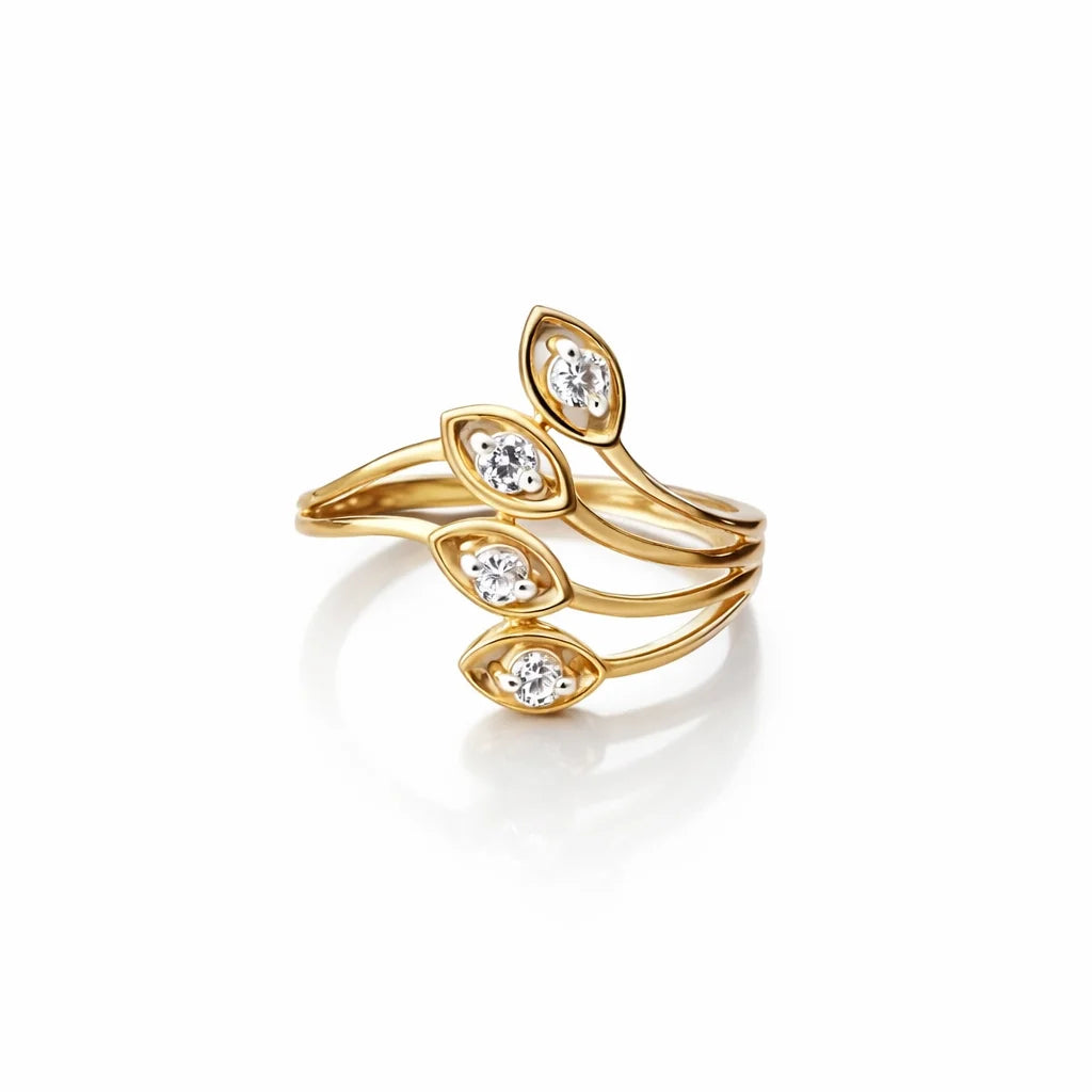 18ct Gold Marquise Cut Cubic Zirconia Gemstone Rings Multi Layer Leaf Design for Women Elegant Fashion Wedding Engagement Party