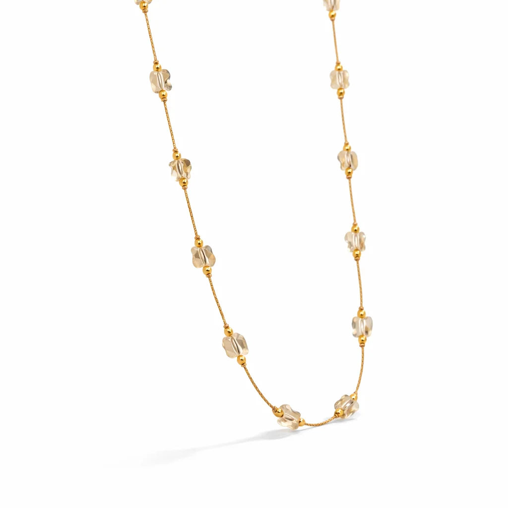 Fashion 18K Rose Gold Crystal Bloom Station Necklace Women Dainty White Floral Bead Link Chain Elegant Jewelry Gift