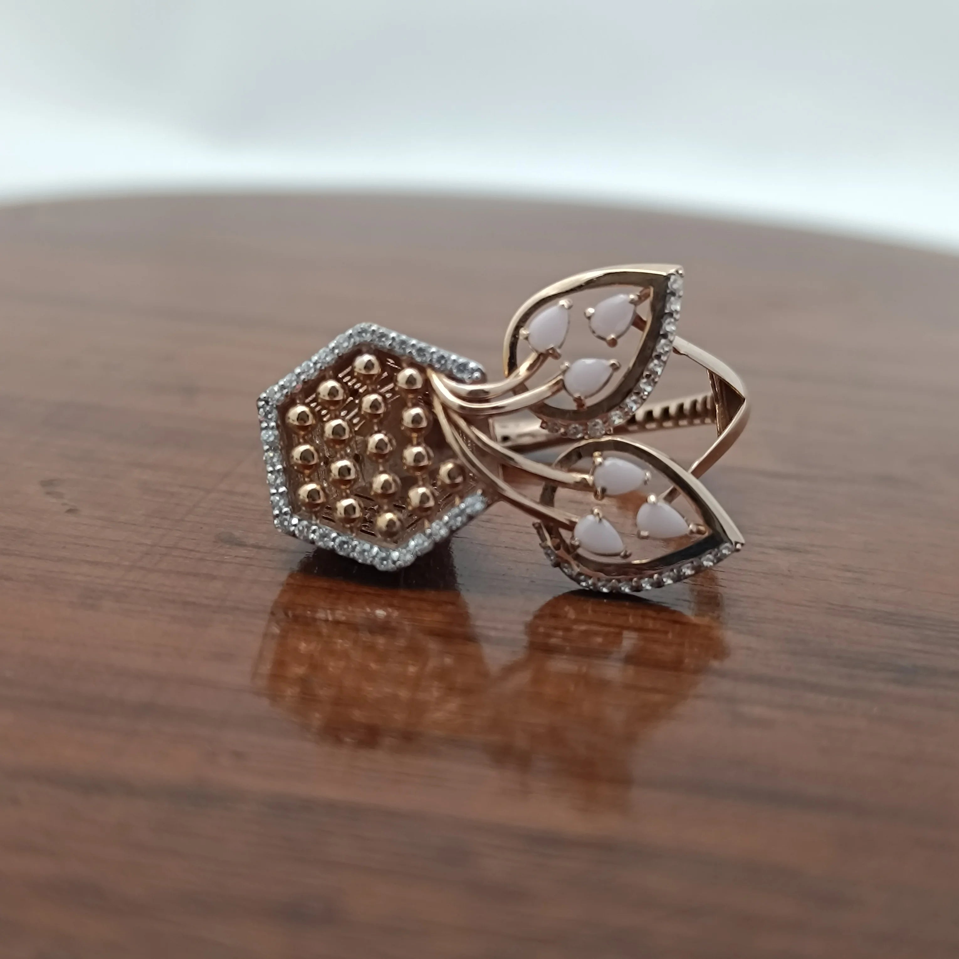 Namivaa 18K Rose Gold Diamond Leaf Floral Ring White Enamel Cluster Luxury Women Wedding Party High Polish Gift Design