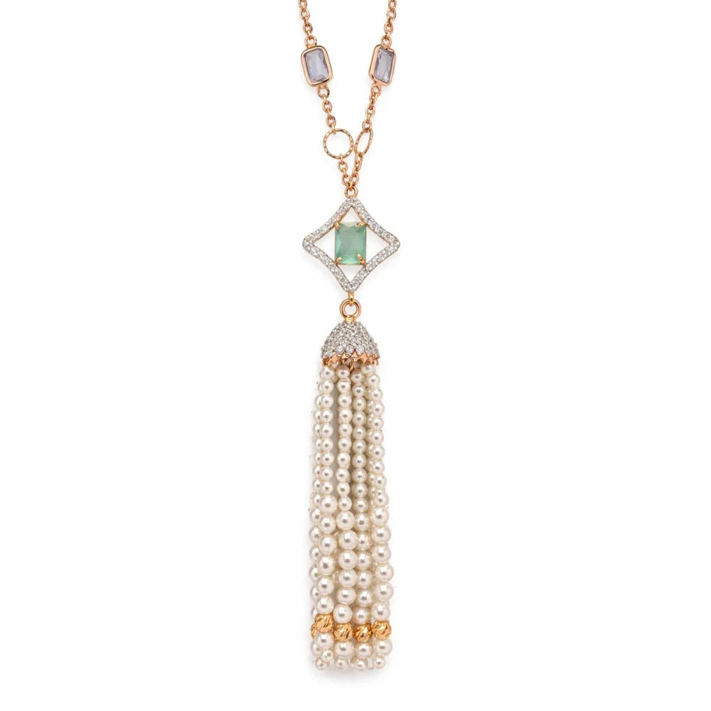 Long Gold Link Chain Necklace with Crystal Pendant & Elegant Vintage Luxury Pearl Tassel for Women's Party Occasion