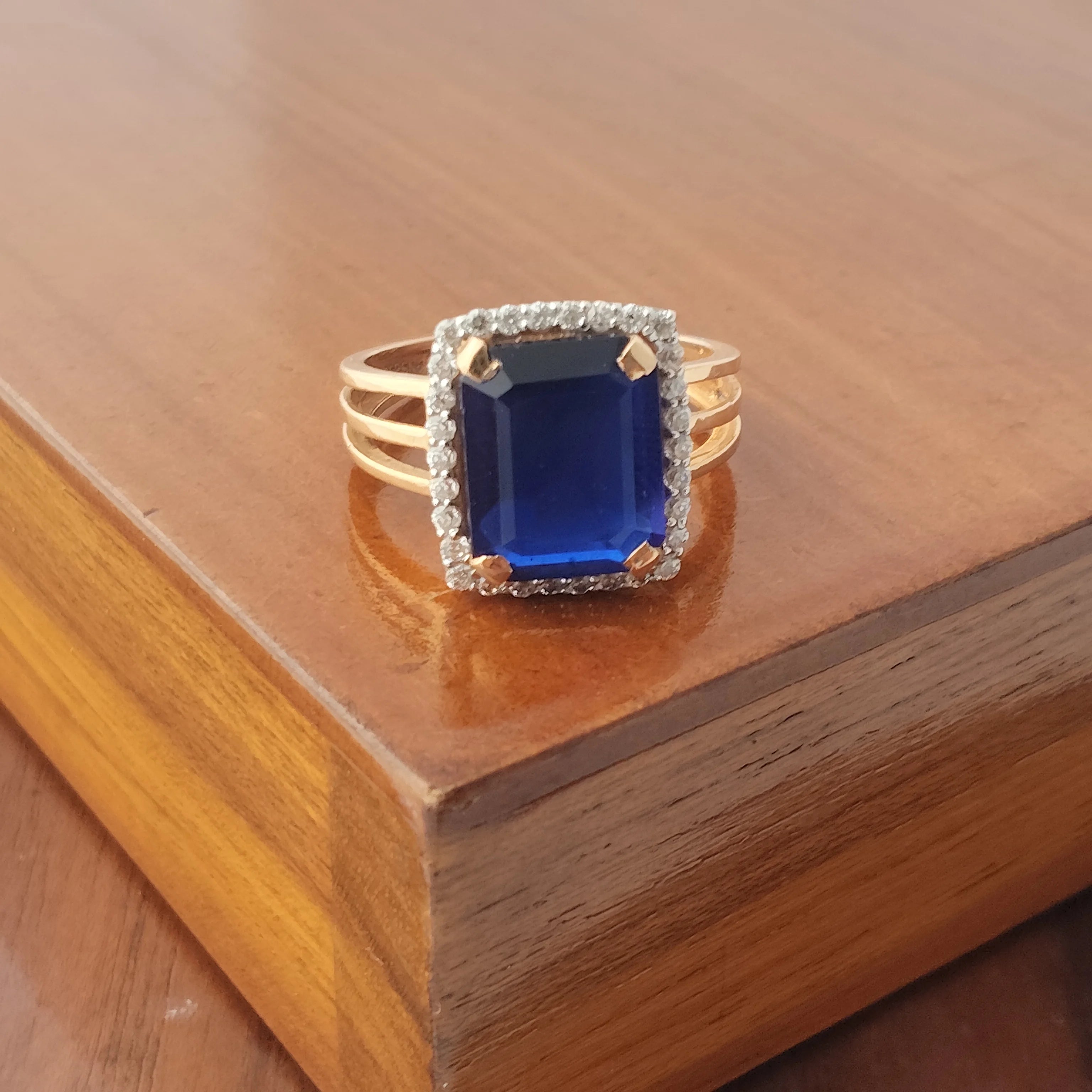Namivaa 18K Rose Gold Blue Sapphire Emerald Cut Statement Cocktail Ring Split Shank Women Jewelry Gift