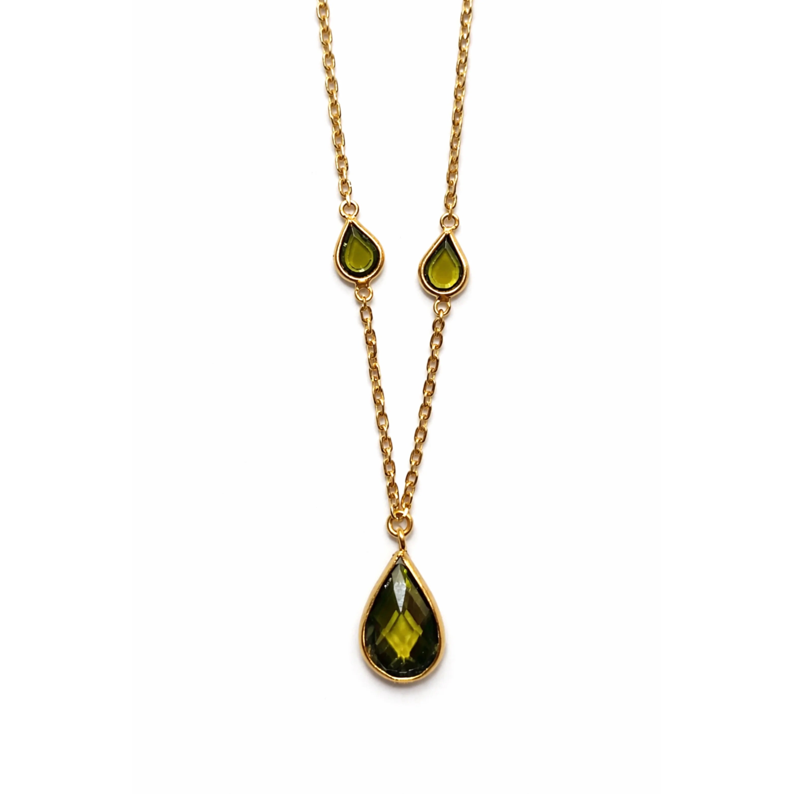 Fashion 18K Rose Gold Emerald Dewdrop Cascade Statement Necklace Women Minimalist Green Teardrop Gemstone Link Chain