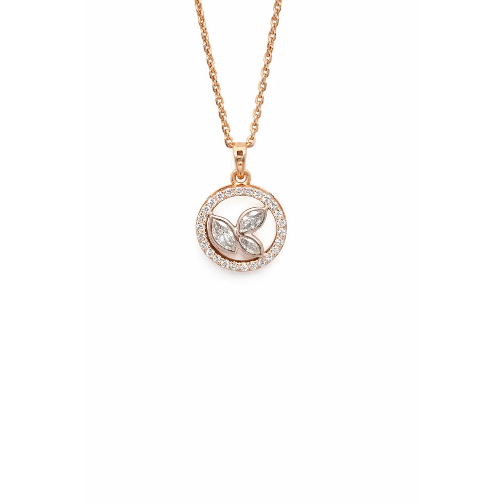 Rose Gold Marquise & Round CZ Leaf Circle Pendant Necklace with 18-inch CZ Cable Chain Pave Setting Women's Anniversary Jewelry