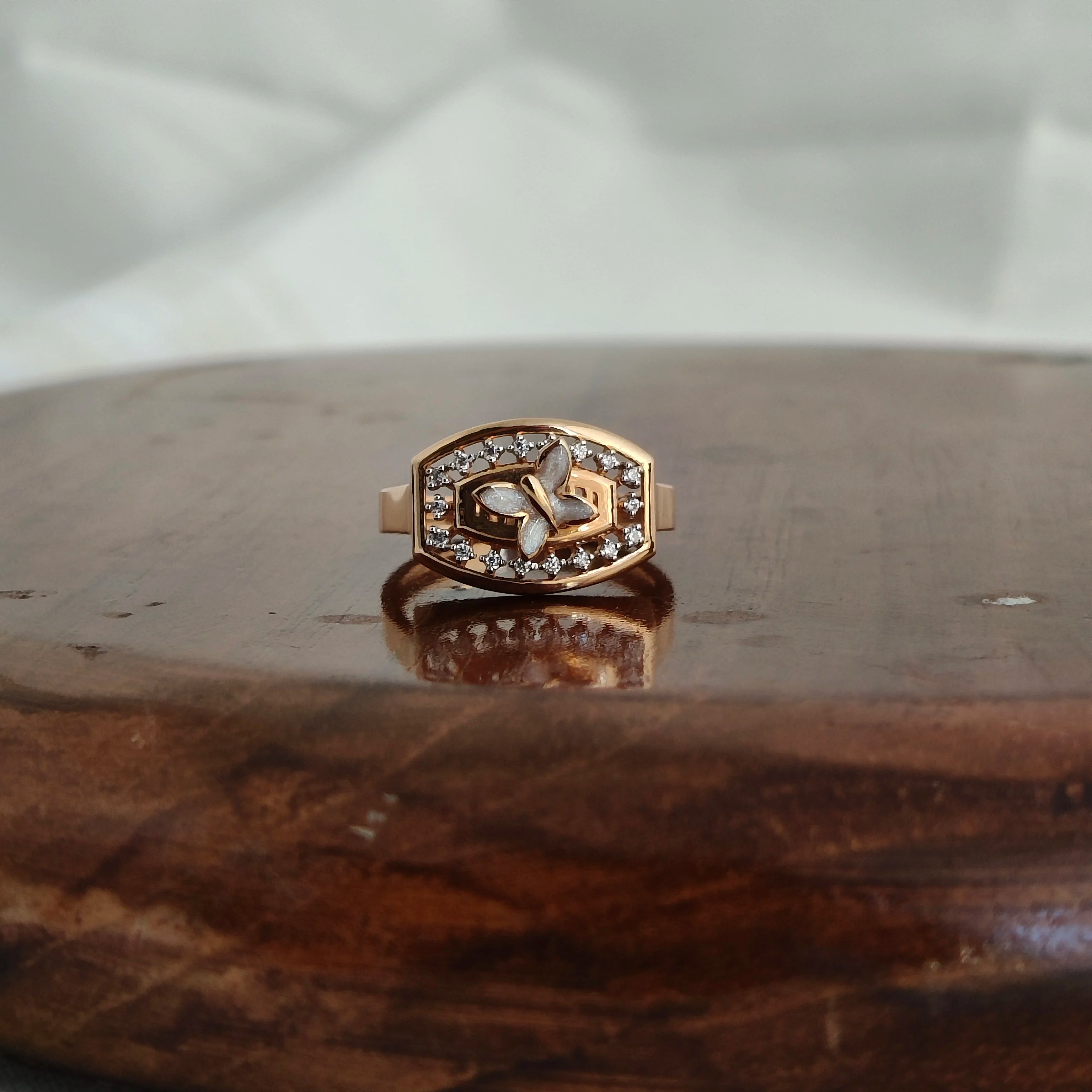Namivaa 18K Rose Gold Butterfly Motif Vintage Filigree Diamond Designer Statement Ring Women Daily Wear Party Wedding Gift High