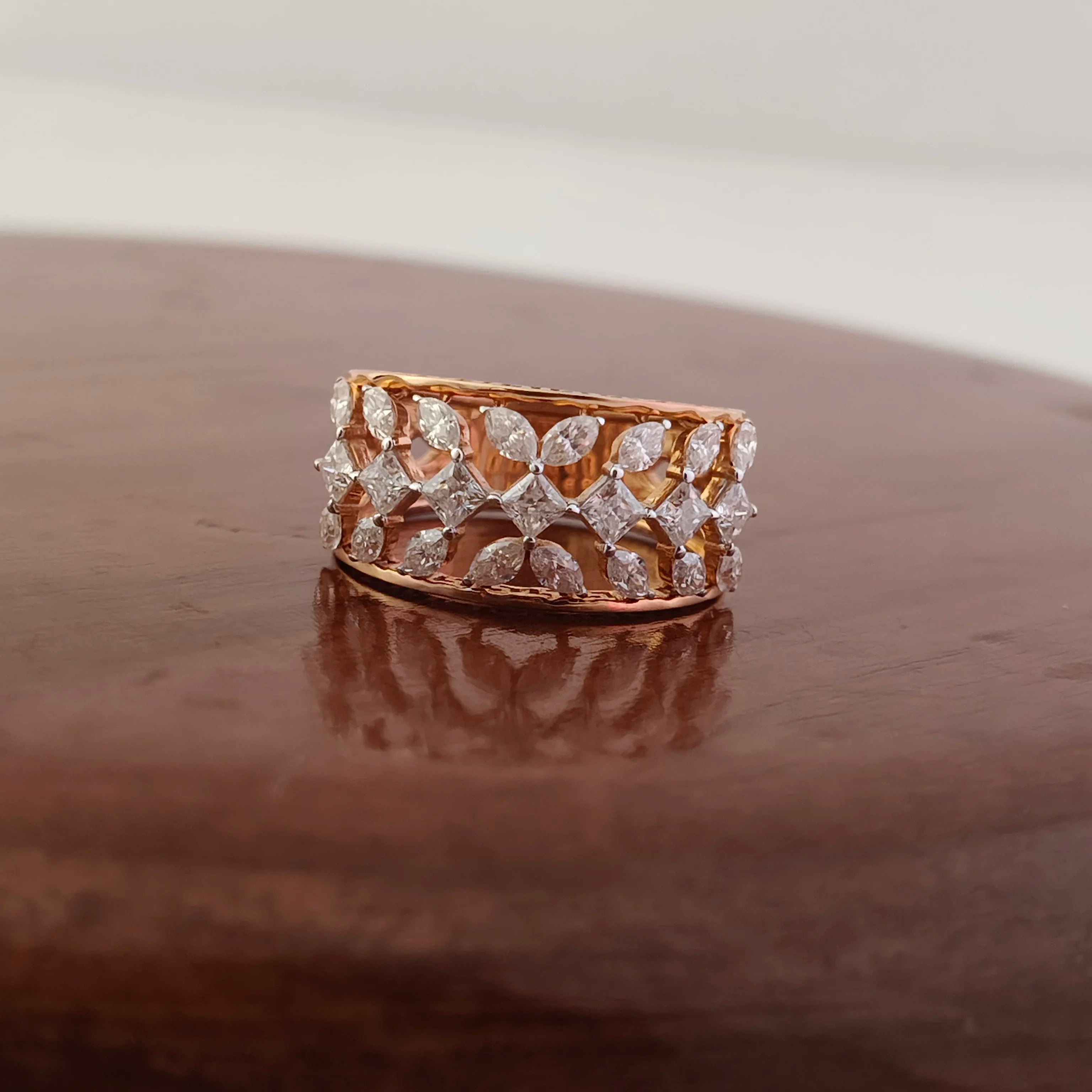 Namivaa 18K Rose Gold Diamond Floral Filigree Wide Band Ring Women Wedding Anniversary Party Luxury Statement Jewelry Gift