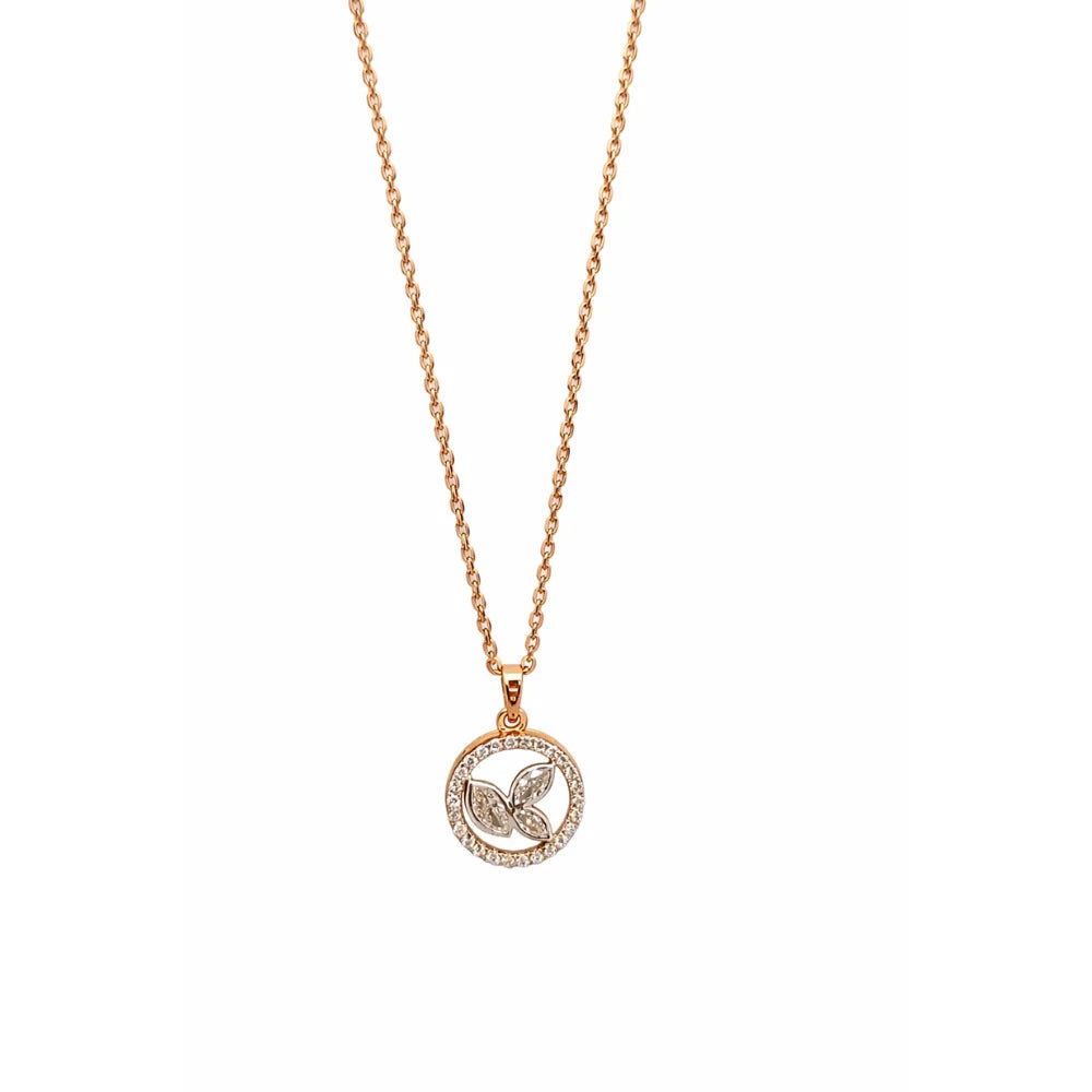 Rose Gold Marquise & Round CZ Leaf Circle Pendant Necklace with 18-inch CZ Cable Chain Pave Setting Women's Anniversary Jewelry