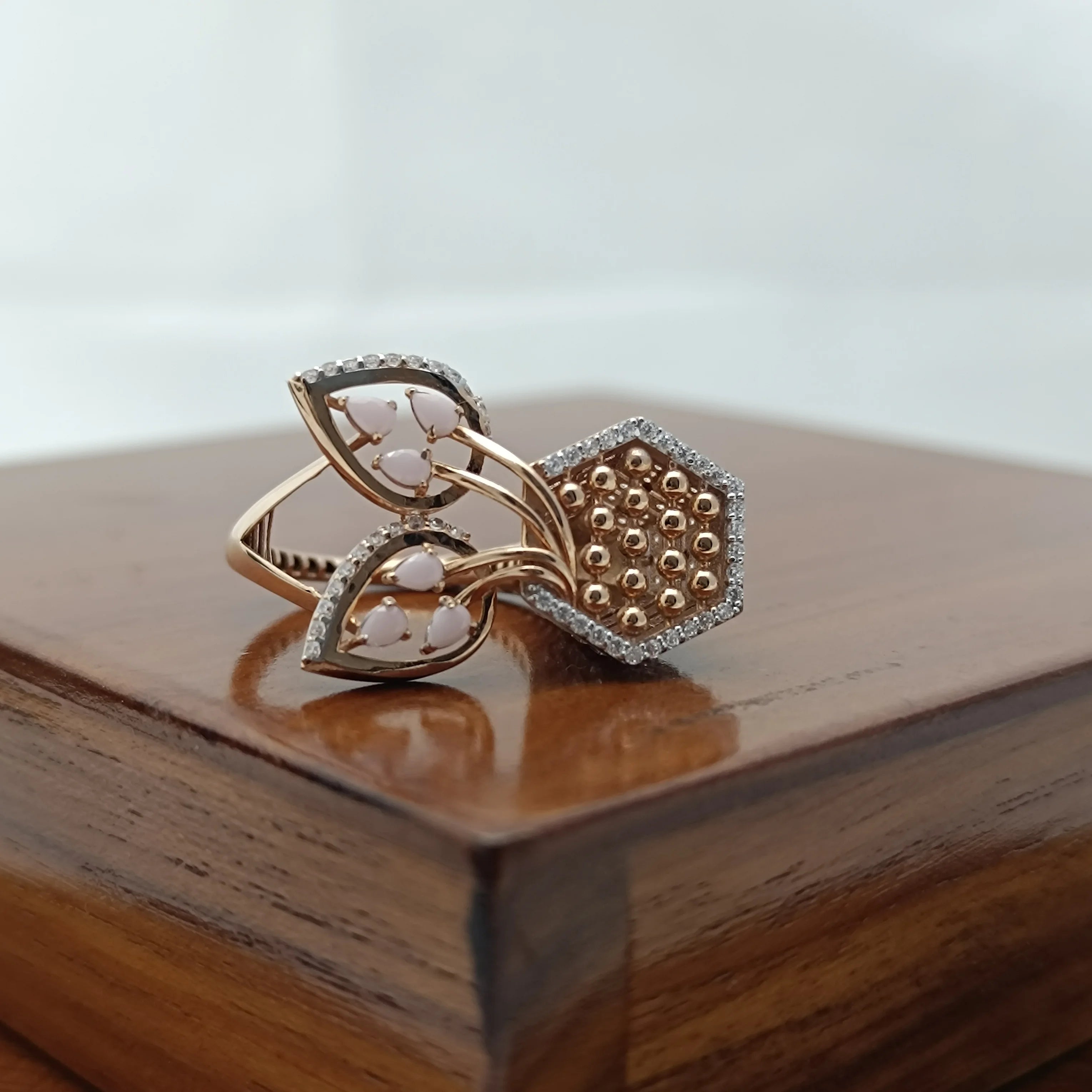 Namivaa 18K Rose Gold Diamond Leaf Floral Ring White Enamel Cluster Luxury Women Wedding Party High Polish Gift Design