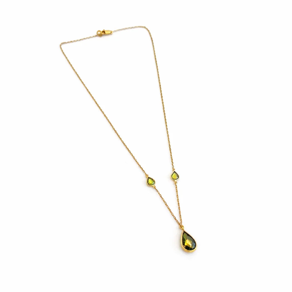 Fashion 18K Rose Gold Emerald Dewdrop Cascade Statement Necklace Women Minimalist Green Teardrop Gemstone Link Chain