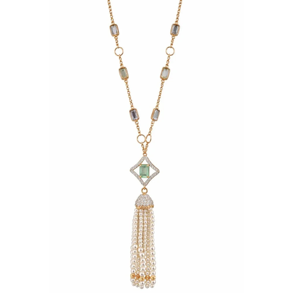 Long Gold Link Chain Necklace with Crystal Pendant & Elegant Vintage Luxury Pearl Tassel for Women's Party Occasion