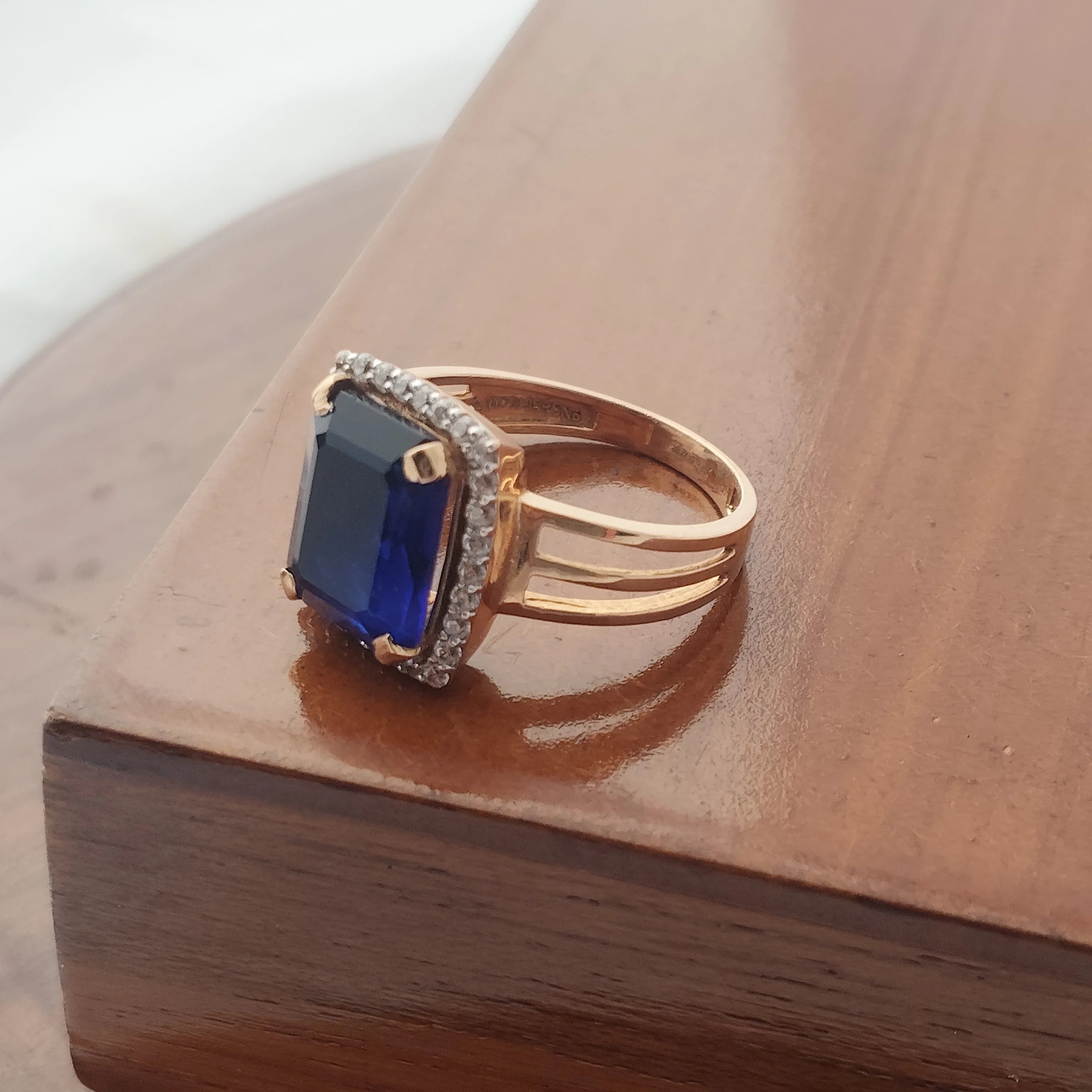 Namivaa 18K Rose Gold Blue Sapphire Emerald Cut Statement Cocktail Ring Split Shank Women Jewelry Gift