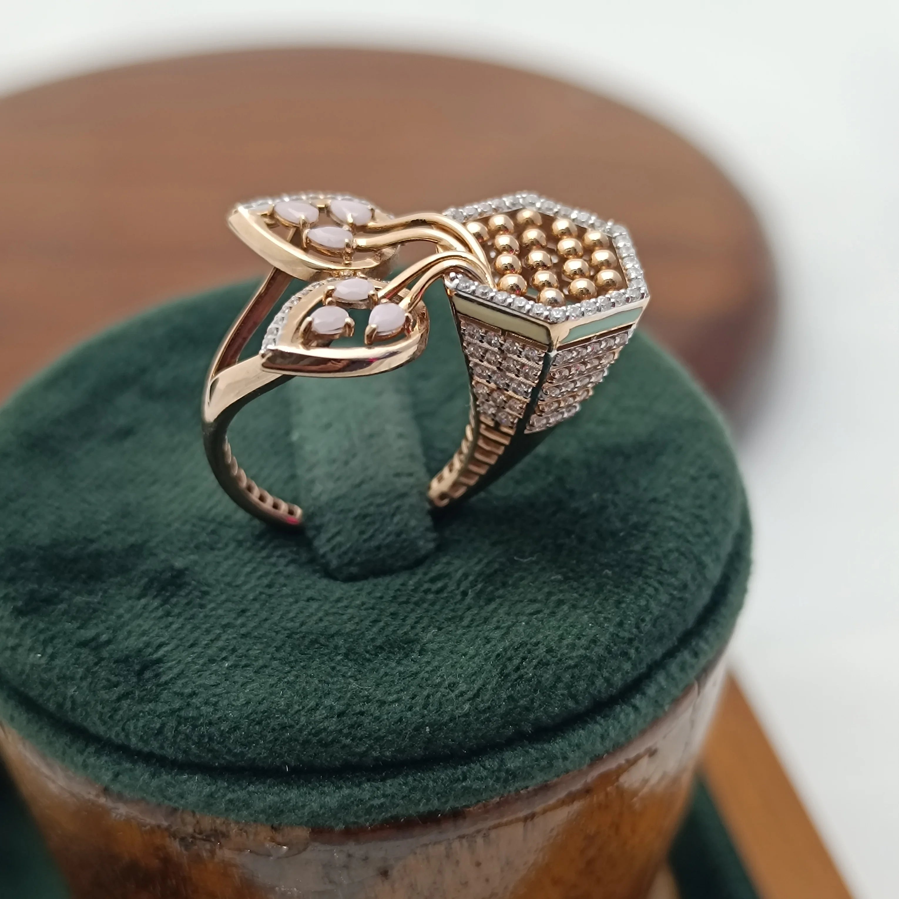 Namivaa 18K Rose Gold Diamond Leaf Floral Ring White Enamel Cluster Luxury Women Wedding Party High Polish Gift Design