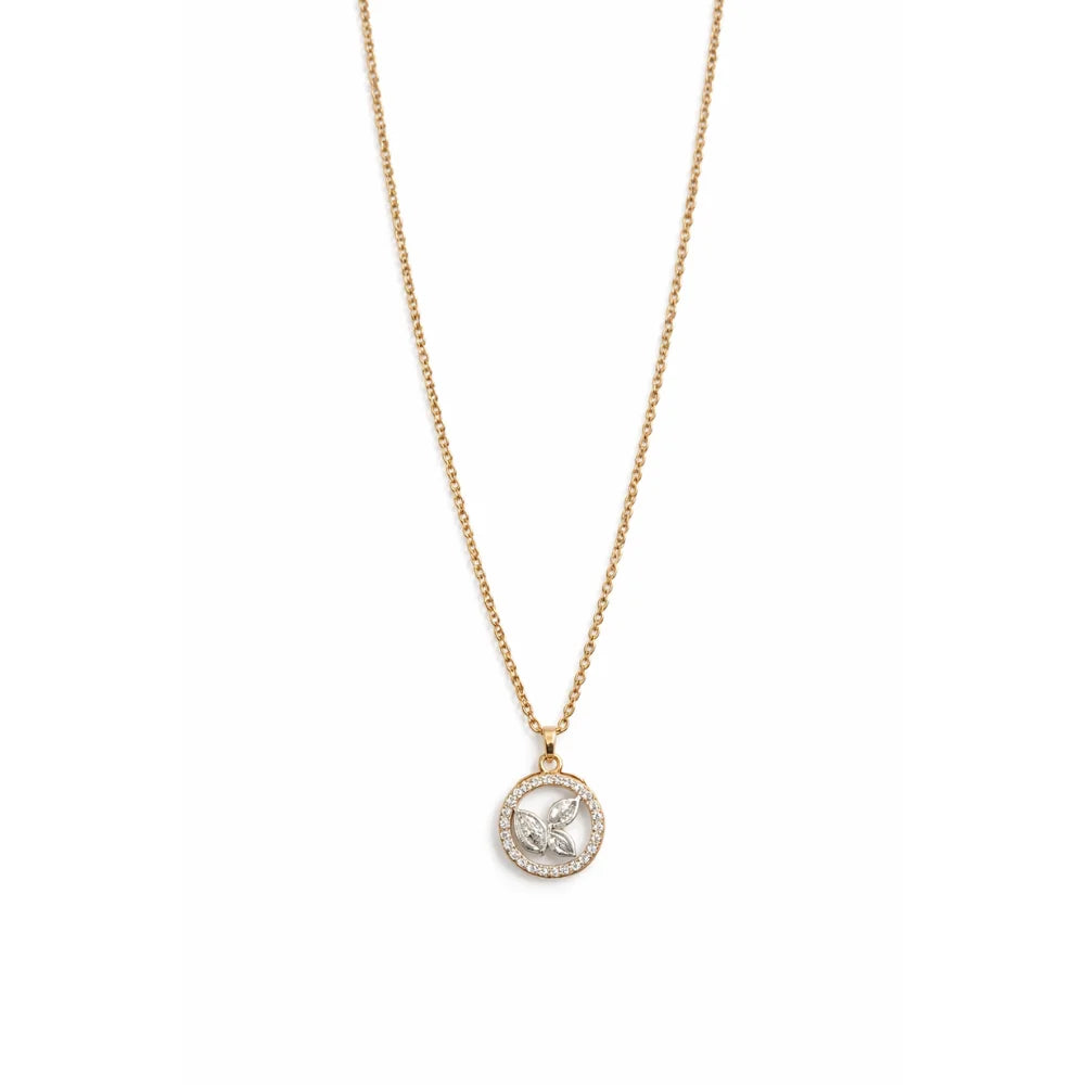 Rose Gold Marquise & Round CZ Leaf Circle Pendant Necklace with 18-inch CZ Cable Chain Pave Setting Women's Anniversary Jewelry