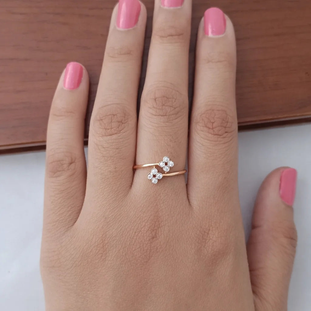 Namivaa 18ct Gold Cubic Zirconia Double Flower Open Ring Women Elegant Minimal Floral Design Wedding Party Daily Wear Fine