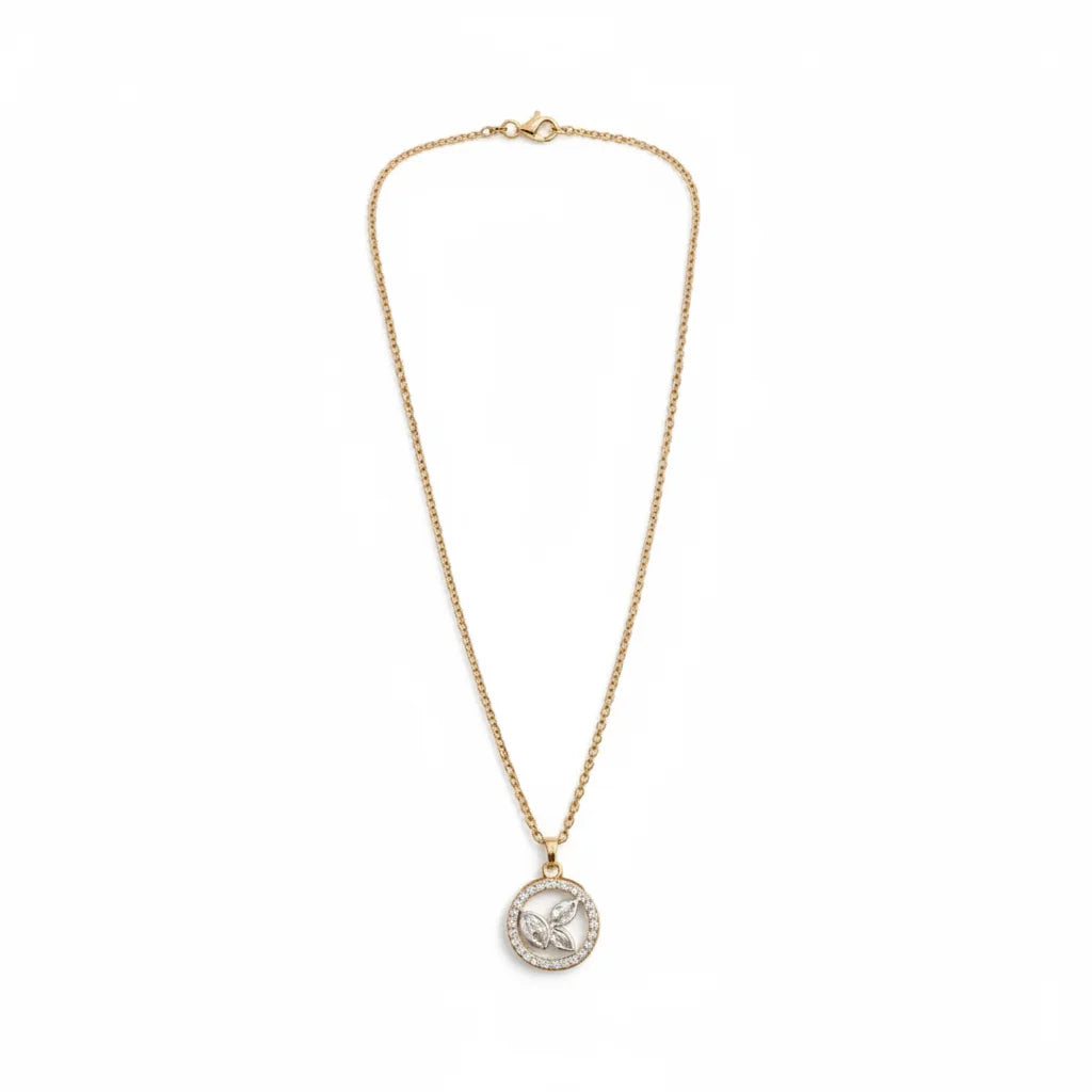 Rose Gold Marquise & Round CZ Leaf Circle Pendant Necklace with 18-inch CZ Cable Chain Pave Setting Women's Anniversary Jewelry