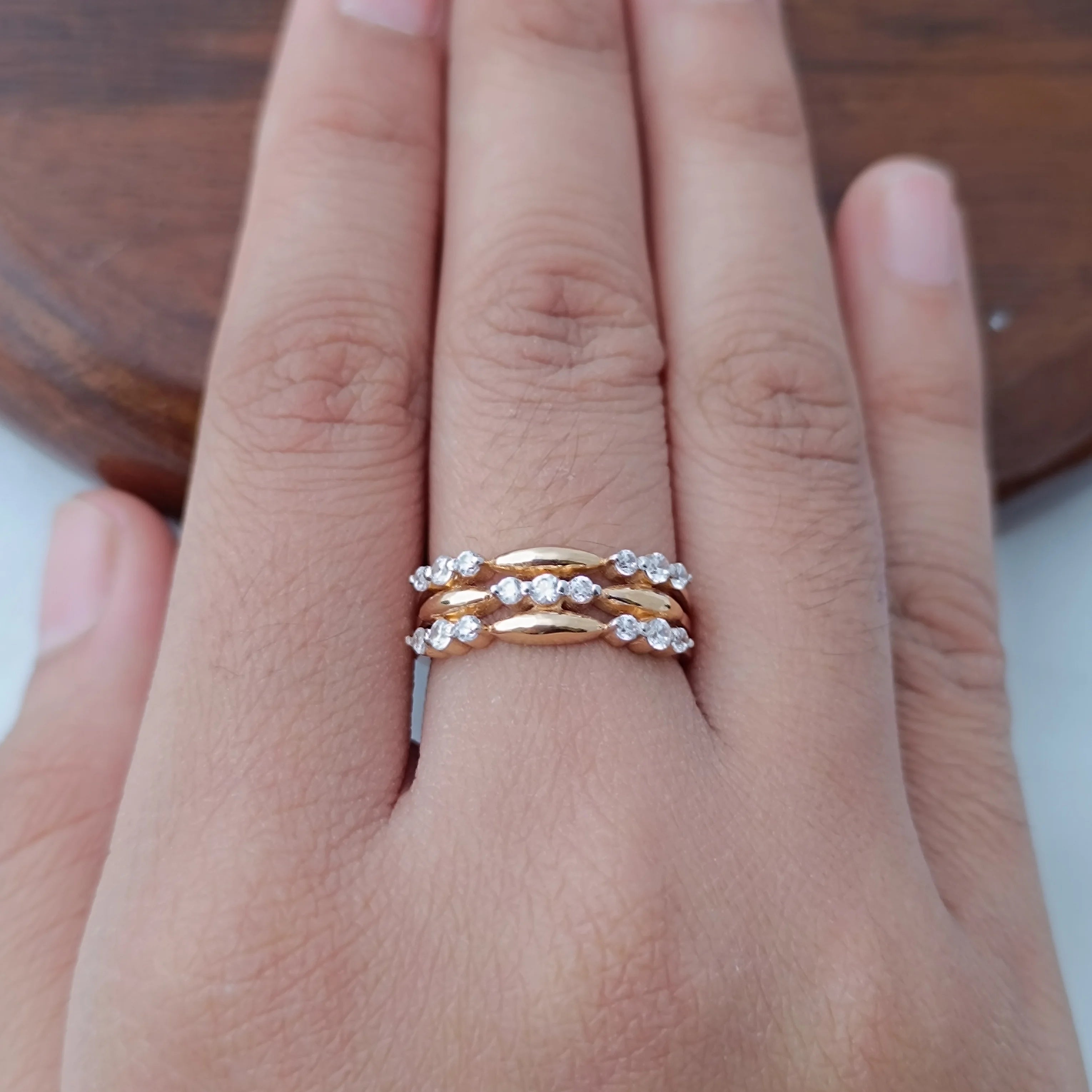 Namivaa 18K Solid Rose Gold Diamond Stackable Ring Set Multi Band Beaded Design Elegant Minimalist Wedding Women Jewelry Gift