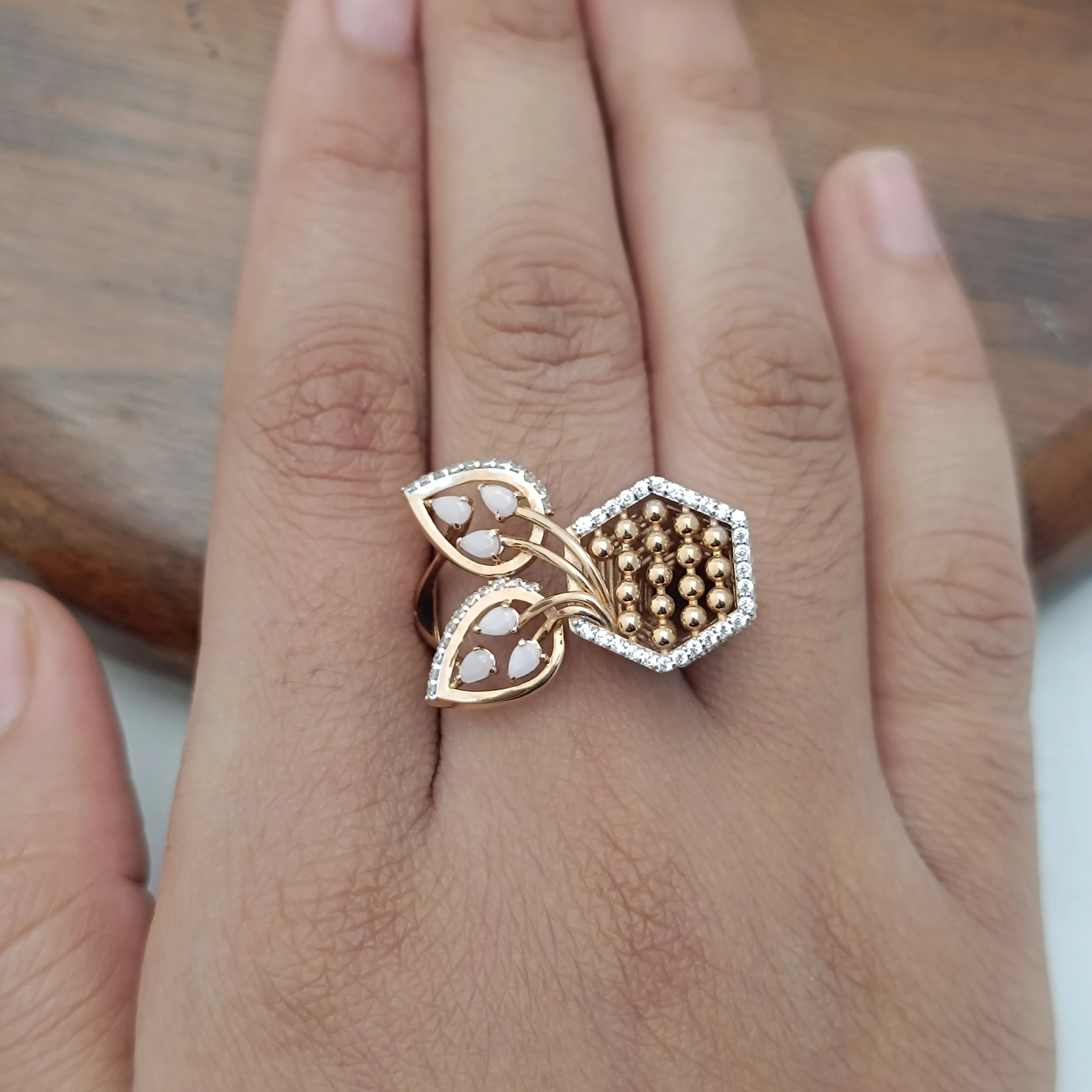 Namivaa 18K Rose Gold Diamond Leaf Floral Ring White Enamel Cluster Luxury Women Wedding Party High Polish Gift Design