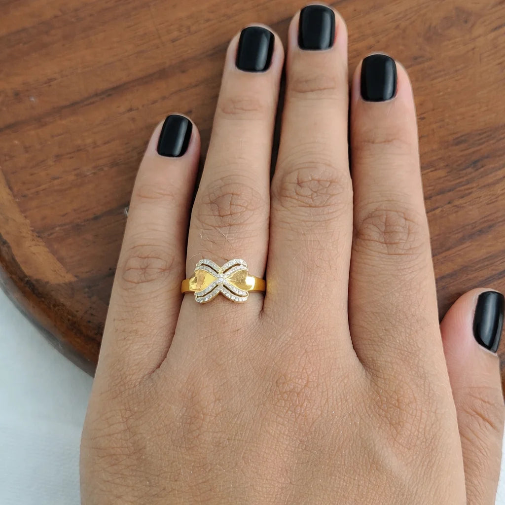Namivaa Criss Cross Infinity Ring Pave Set Dual Tone 18K Yellow Gold Diamond Women Daily Wear Party Gift High Polish Finish
