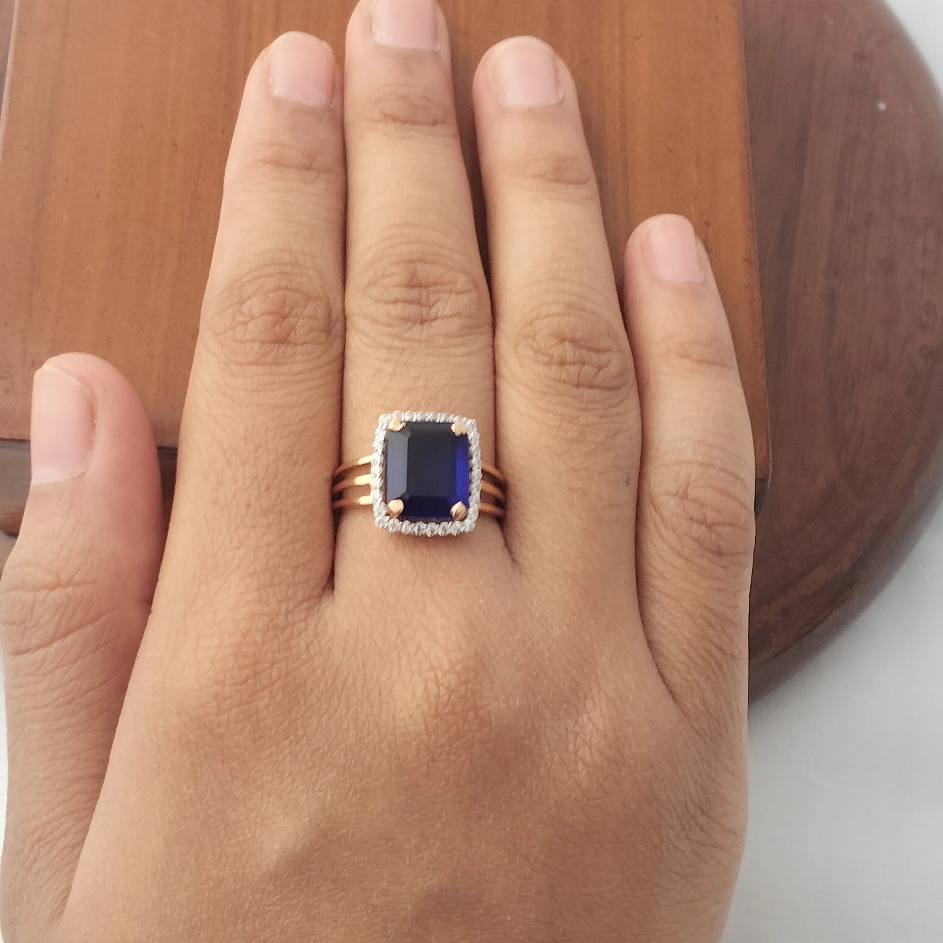 Namivaa 18K Rose Gold Blue Sapphire Emerald Cut Statement Cocktail Ring Split Shank Women Jewelry Gift