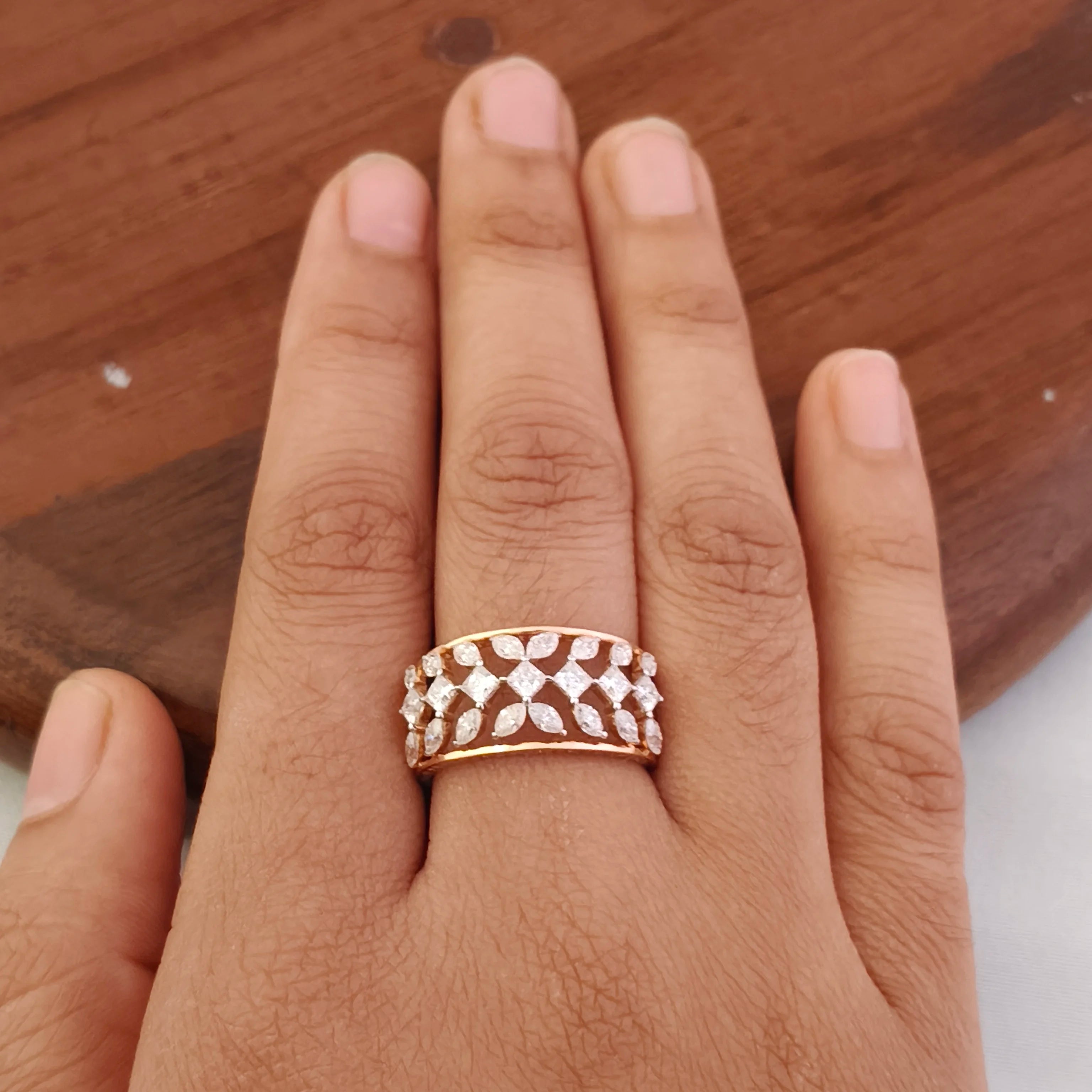 Namivaa 18K Rose Gold Diamond Floral Filigree Wide Band Ring Women Wedding Anniversary Party Luxury Statement Jewelry Gift