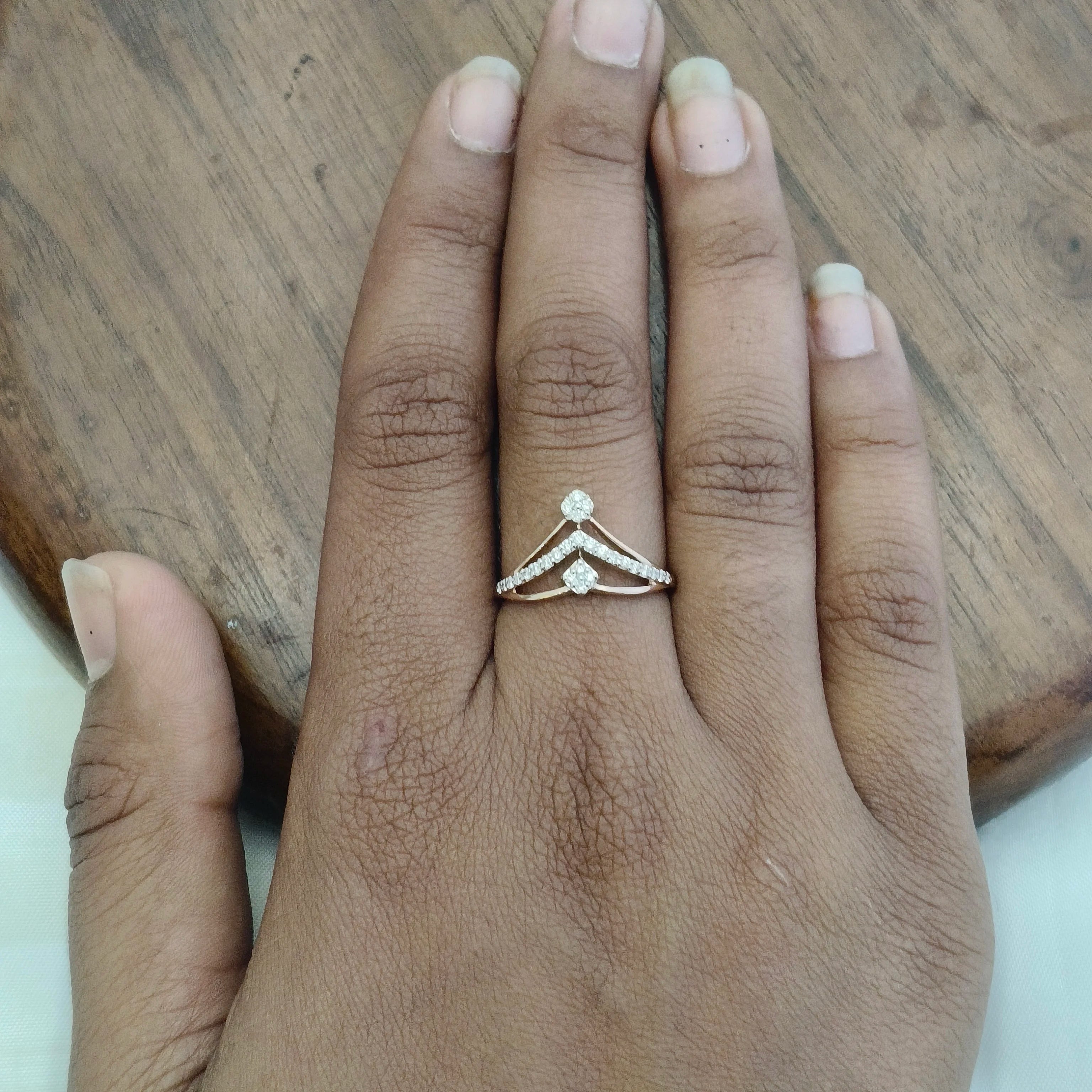 Namivaa 18K Rose Gold Diamond Double V Chevron Cocktail Ring Women Geometric Layered Pave Band Fine Jewelry Daily Wear Gift