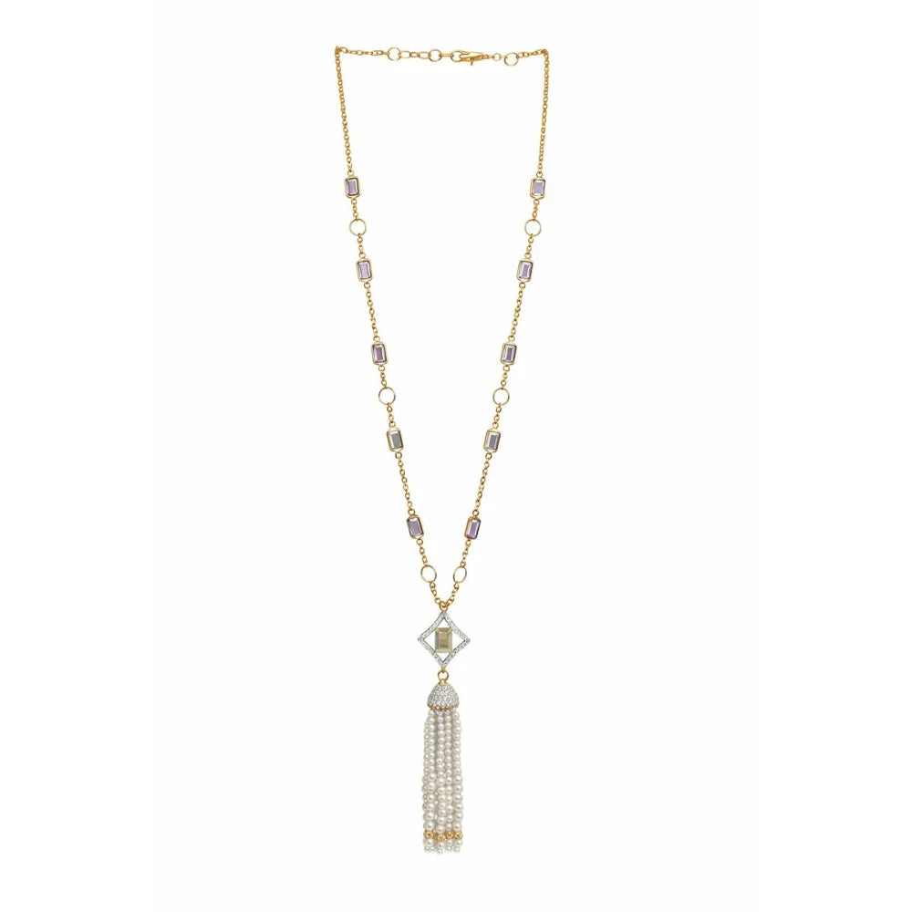 Long Gold Link Chain Necklace with Crystal Pendant & Elegant Vintage Luxury Pearl Tassel for Women's Party Occasion