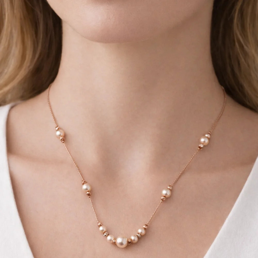 Elegant 18K Rose Gold Pearl Statement Drop Necklace Women Long Chain Cream Pearl Accents Sophisticated Jewelry Gift