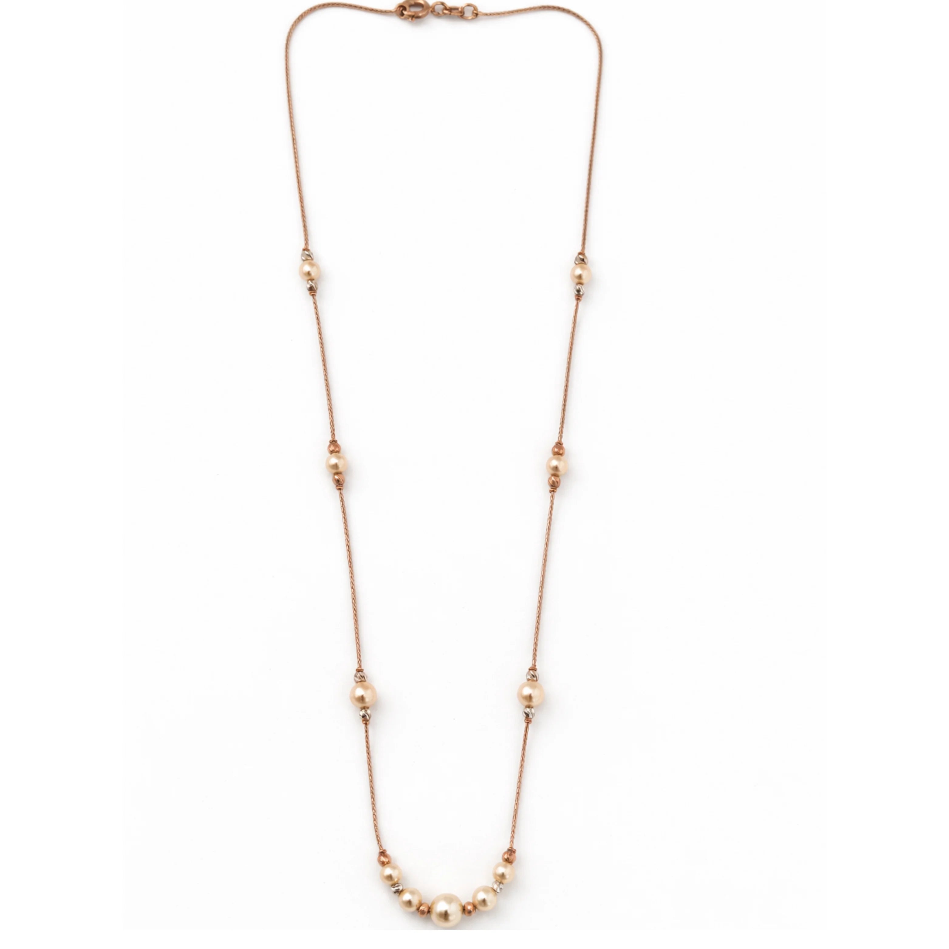 Elegant 18K Rose Gold Pearl Statement Drop Necklace Women Long Chain Cream Pearl Accents Sophisticated Jewelry Gift