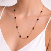 Elegant 18K Rose Gold Plated Midnight Oval Statement Necklace Deep Black Stones Minimalist Delicate Link Chain Jewelry