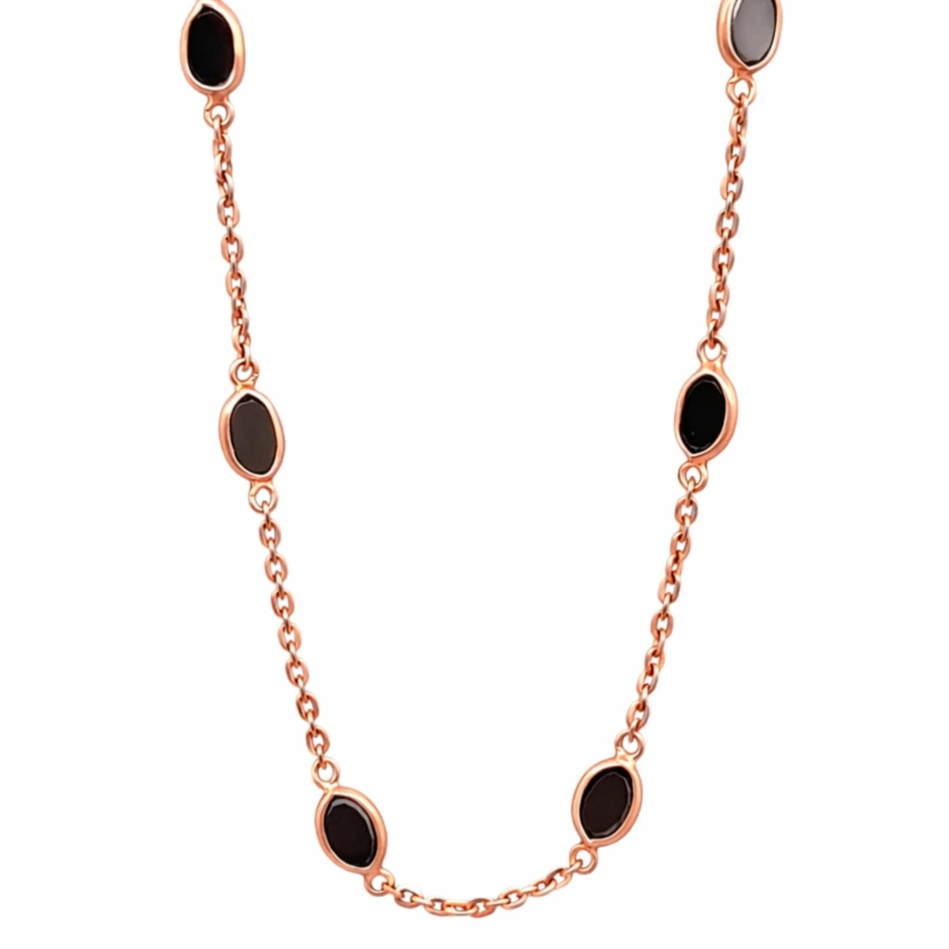 Elegant 18K Rose Gold Plated Midnight Oval Statement Necklace Deep Black Stones Minimalist Delicate Link Chain Jewelry