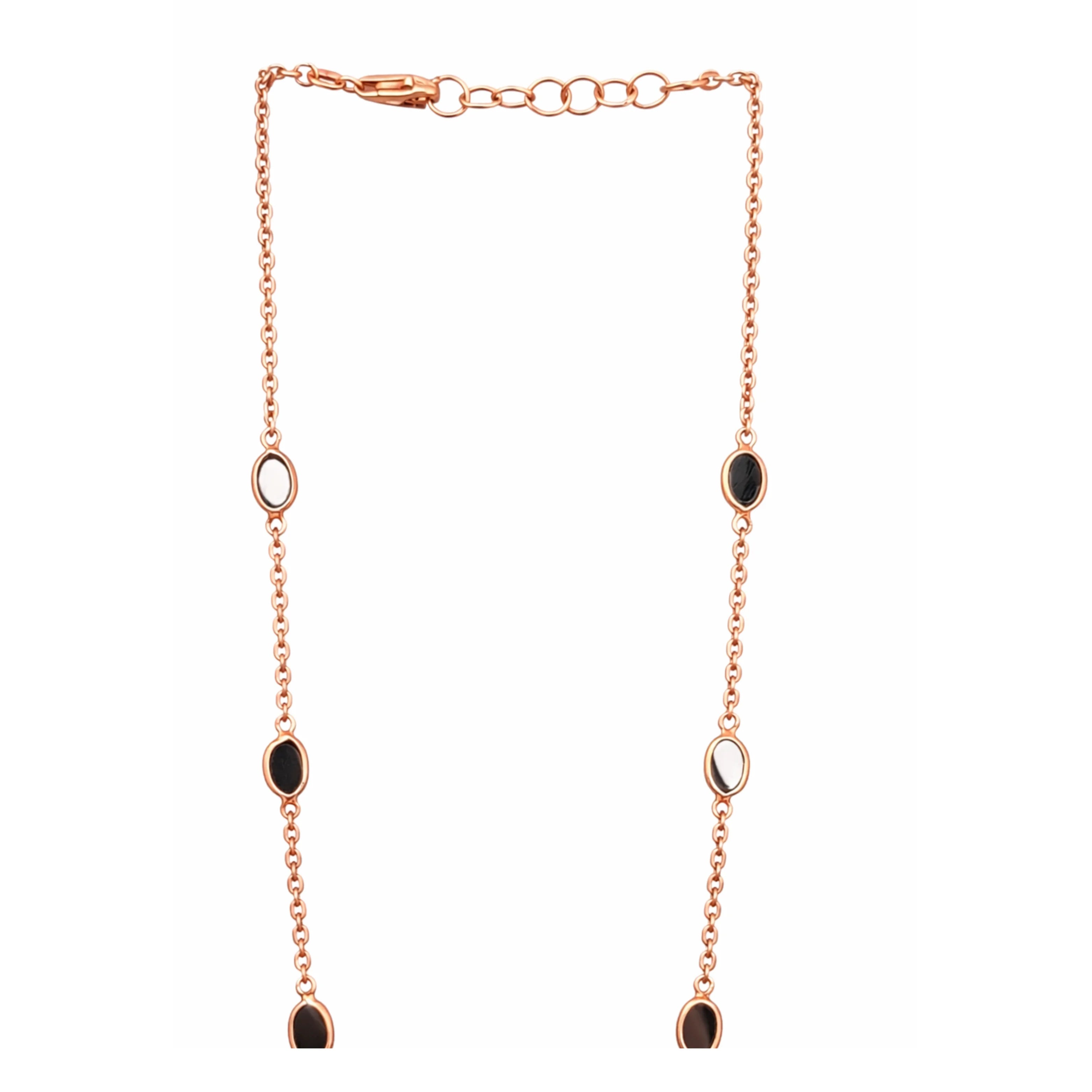 Elegant 18K Rose Gold Plated Midnight Oval Statement Necklace Deep Black Stones Minimalist Delicate Link Chain Jewelry