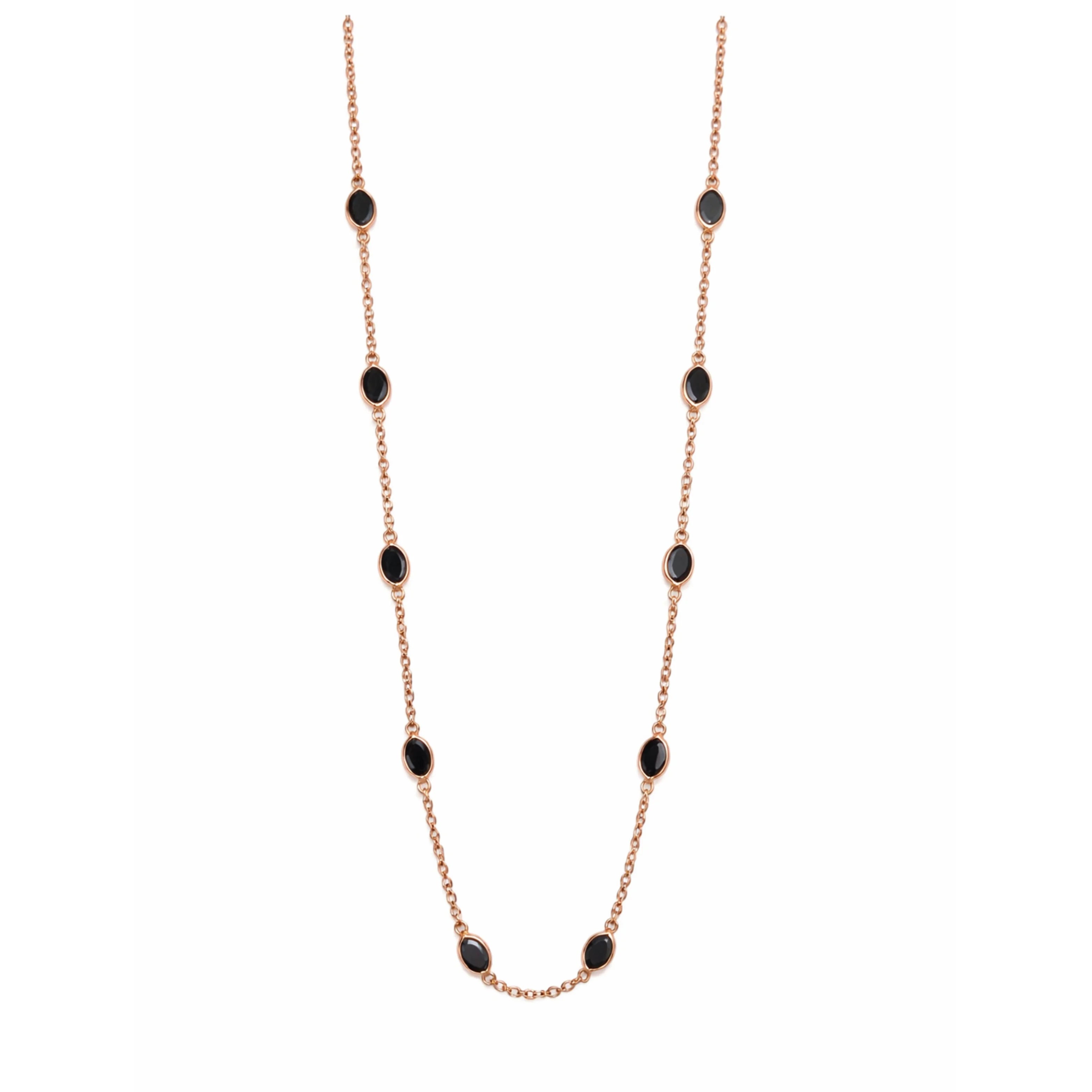 Elegant 18K Rose Gold Plated Midnight Oval Statement Necklace Deep Black Stones Minimalist Delicate Link Chain Jewelry
