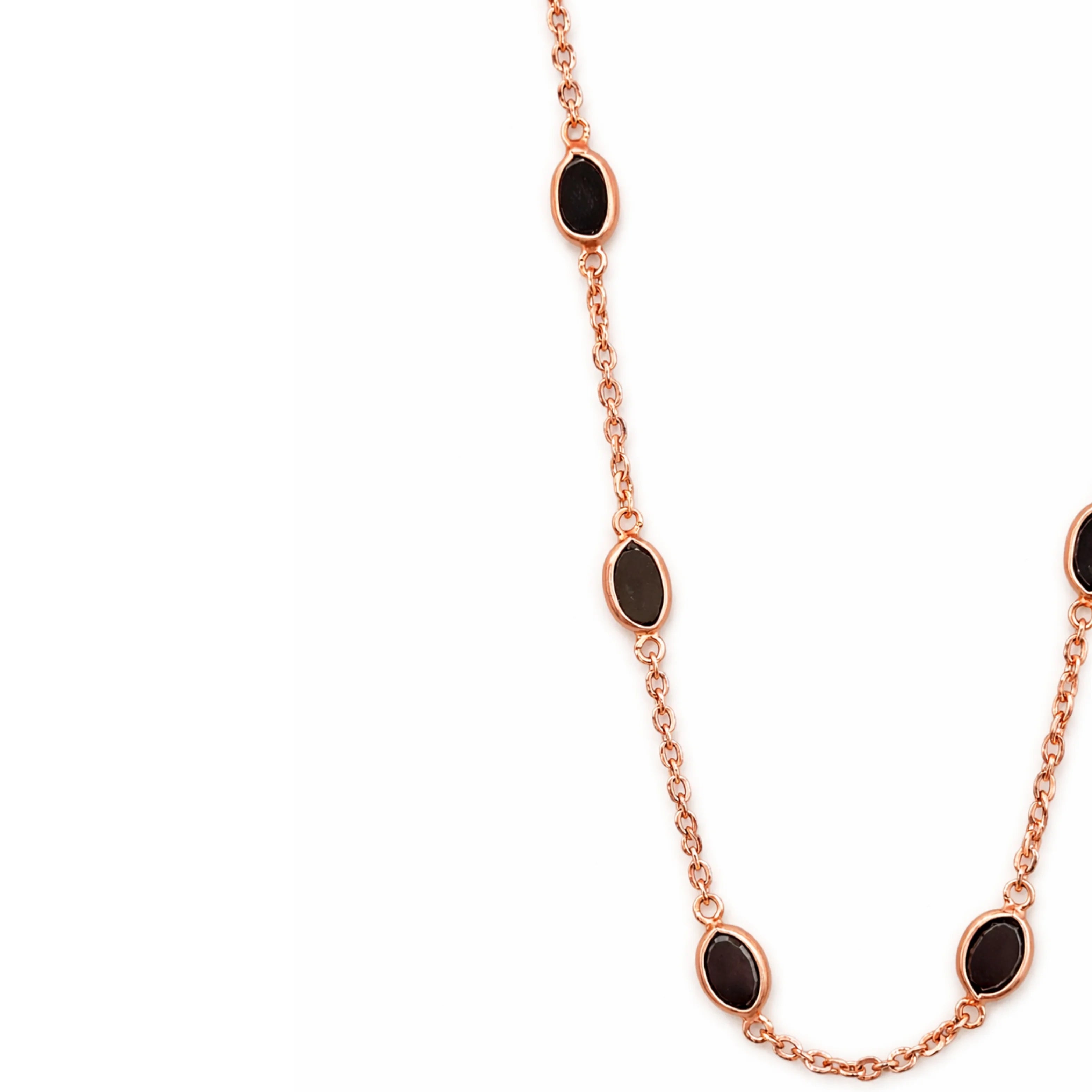 Elegant 18K Rose Gold Plated Midnight Oval Statement Necklace Deep Black Stones Minimalist Delicate Link Chain Jewelry