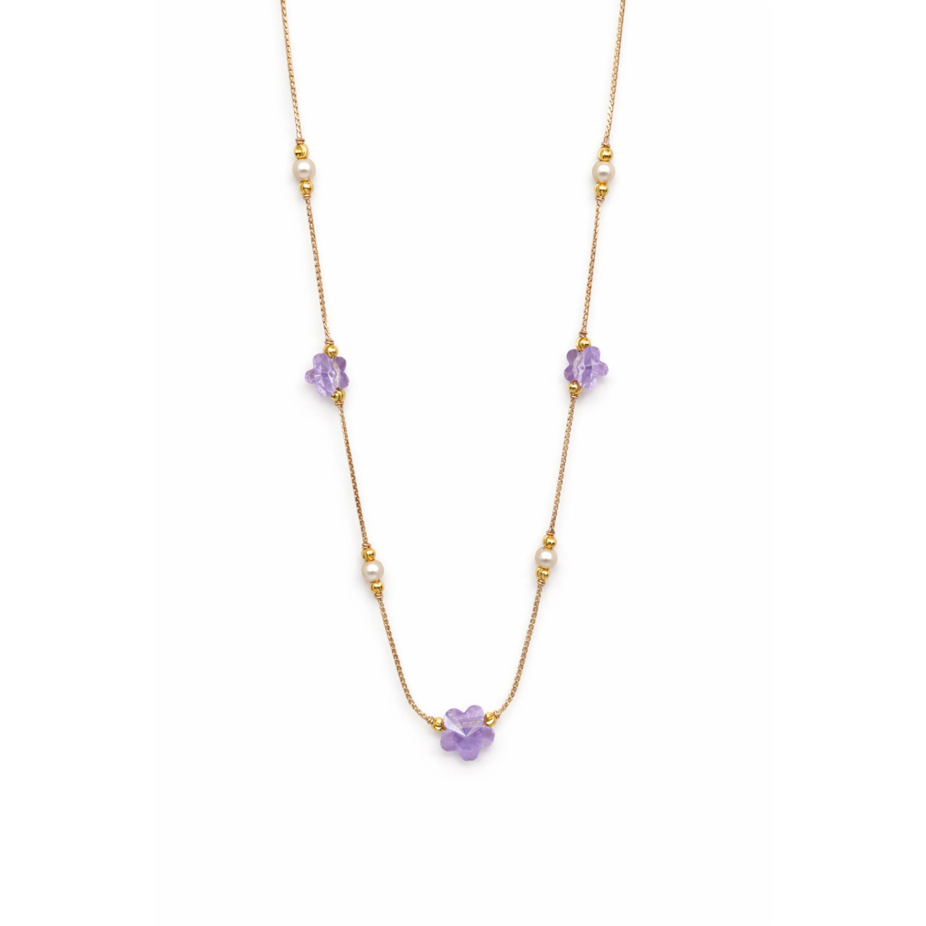 Fashion 18K Rose Gold Lavender Floral Statement Necklace Women Purple Crystal Flower Pearl Accents Link Chain