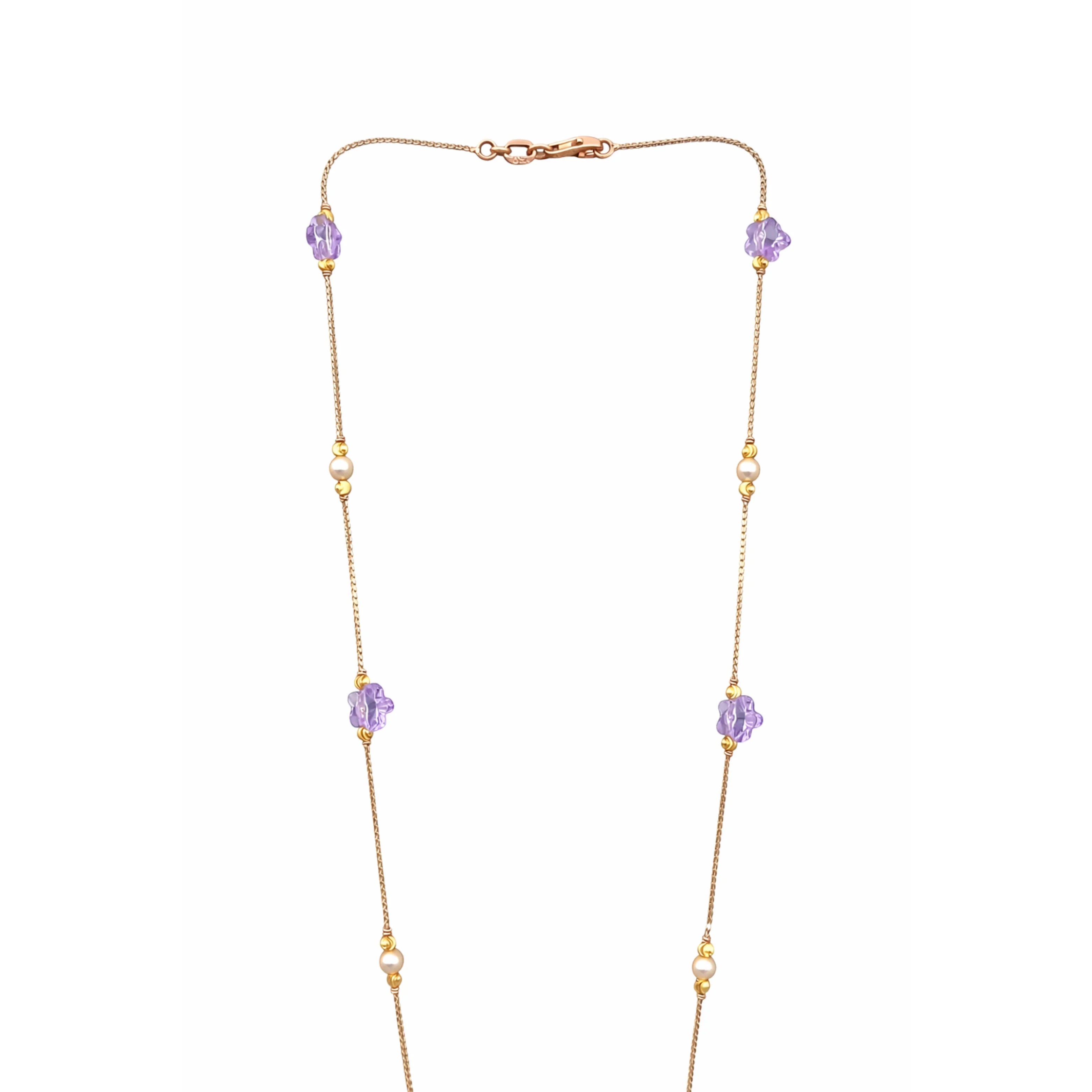 Fashion 18K Rose Gold Lavender Floral Statement Necklace Women Purple Crystal Flower Pearl Accents Link Chain