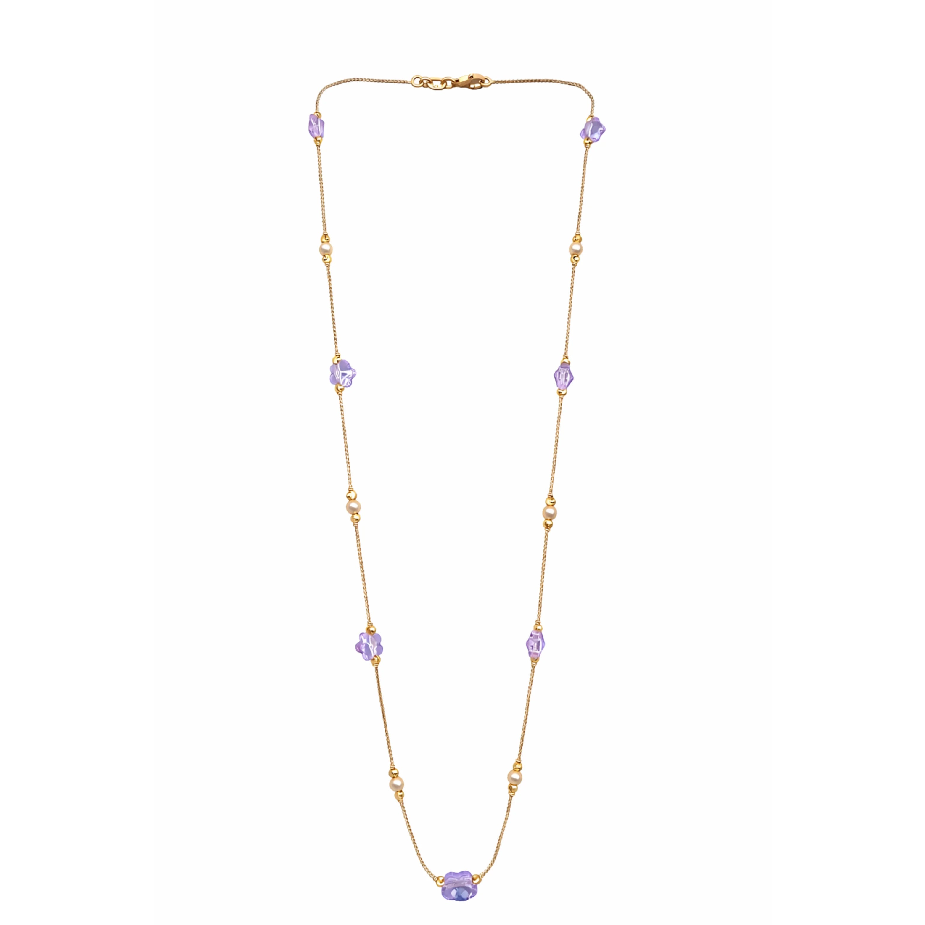 Fashion 18K Rose Gold Lavender Floral Statement Necklace Women Purple Crystal Flower Pearl Accents Link Chain