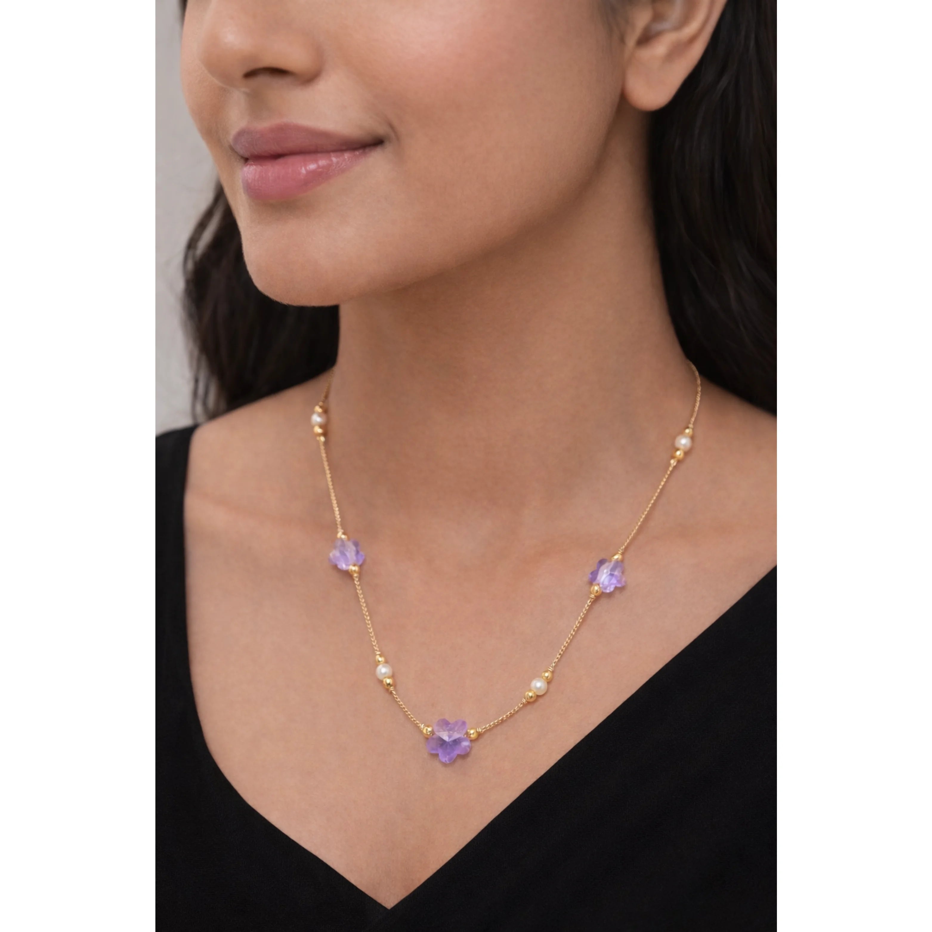 Fashion 18K Rose Gold Lavender Floral Statement Necklace Women Purple Crystal Flower Pearl Accents Link Chain