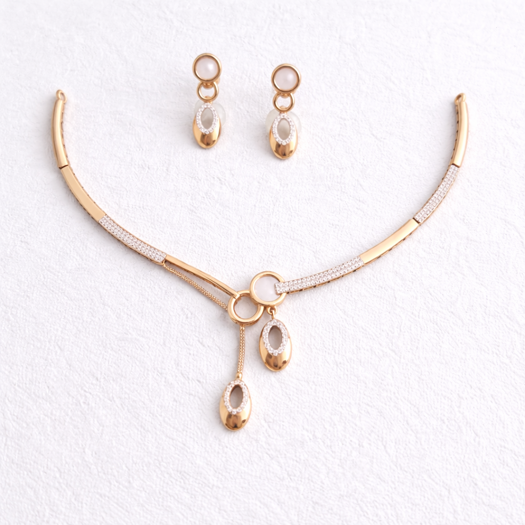 Namivaa 18K Rose Gold Plated Eclipse Drop Necklace Set – Elegant Oval Halo Jewelry with Matching Stud Earrings for Women