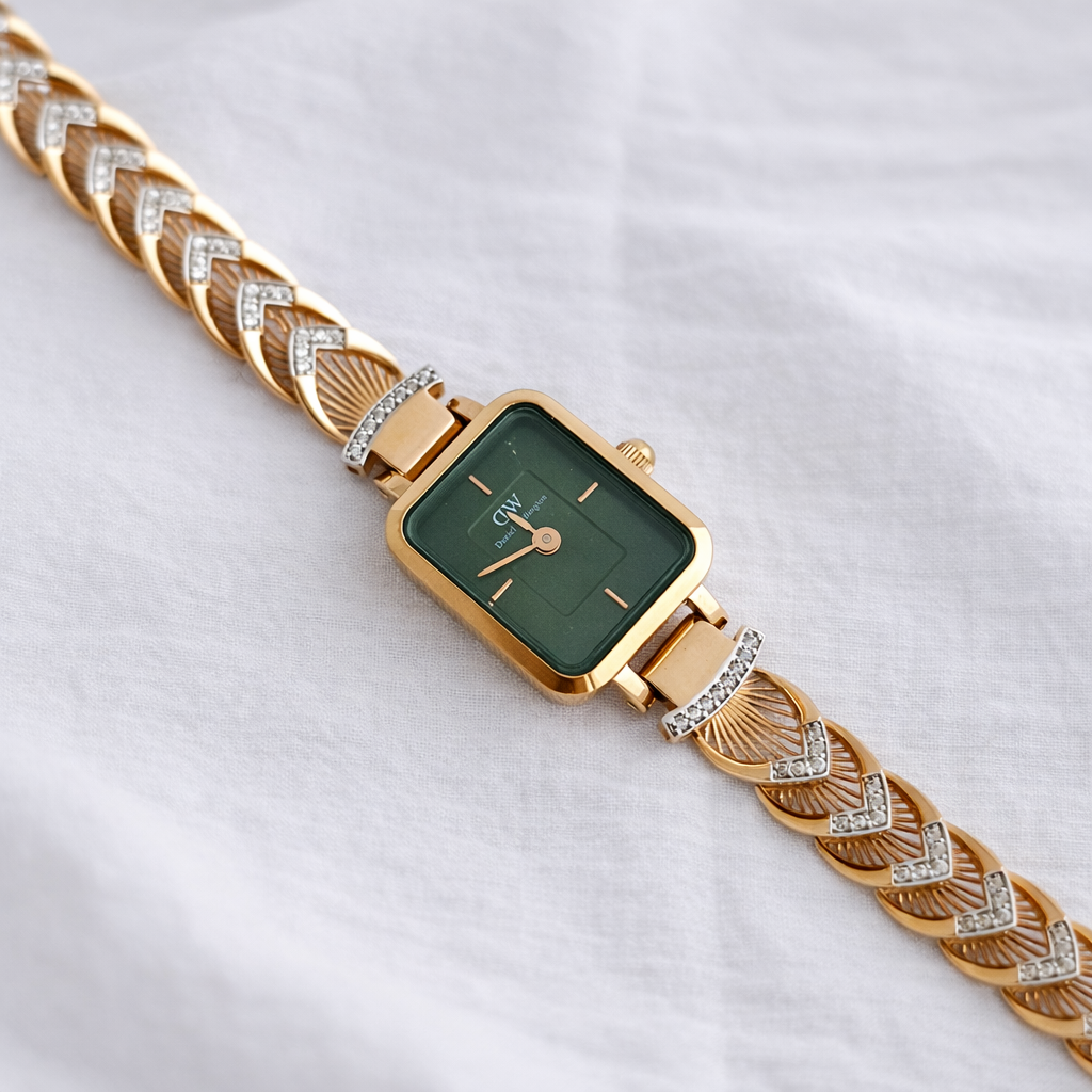 Namivaa 18K Rose Gold Plated Emerald Muse Watch – Luxury Rectangular Green Dial Watch with Filigree Jeweled Bracelet for Women