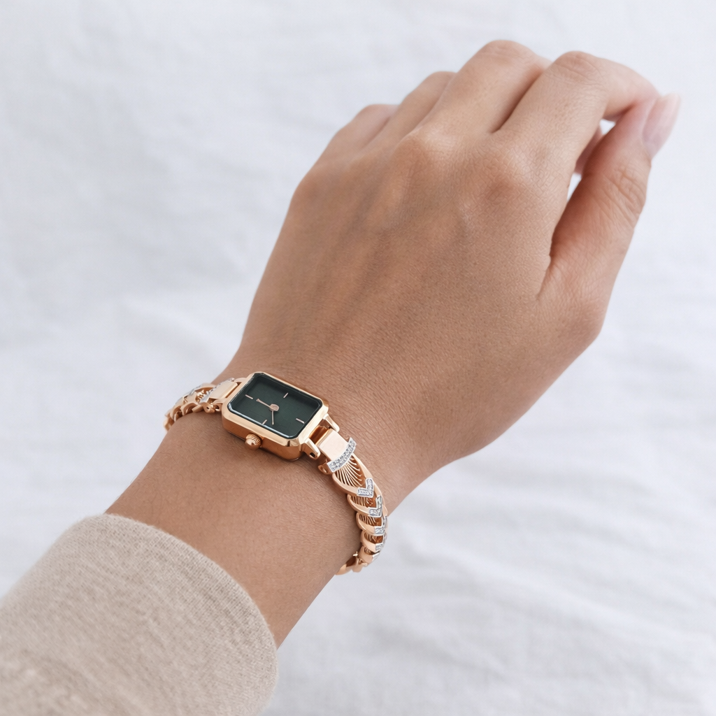Namivaa 18K Rose Gold Plated Emerald Muse Watch – Luxury Rectangular Green Dial Watch with Filigree Jeweled Bracelet for Women