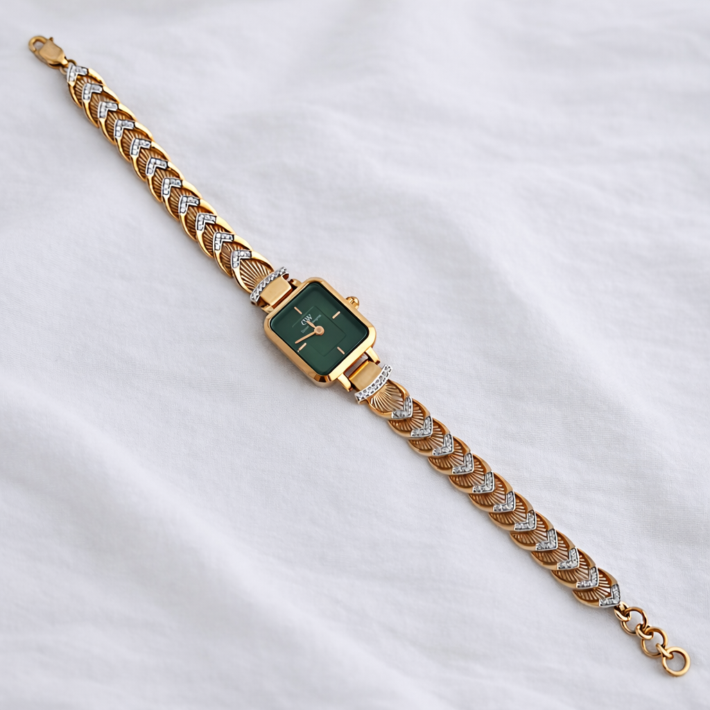 Namivaa 18K Rose Gold Plated Emerald Muse Watch – Luxury Rectangular Green Dial Watch with Filigree Jeweled Bracelet for Women