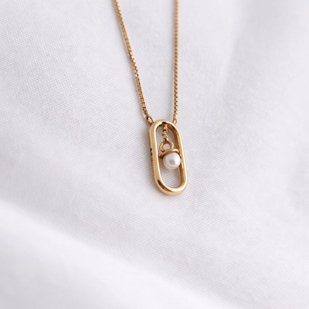 Namivaa 18K Rose Gold Plated Floating Pearl Pendant Necklace – Minimalist Oval Frame Box Chain Jewelry for Women